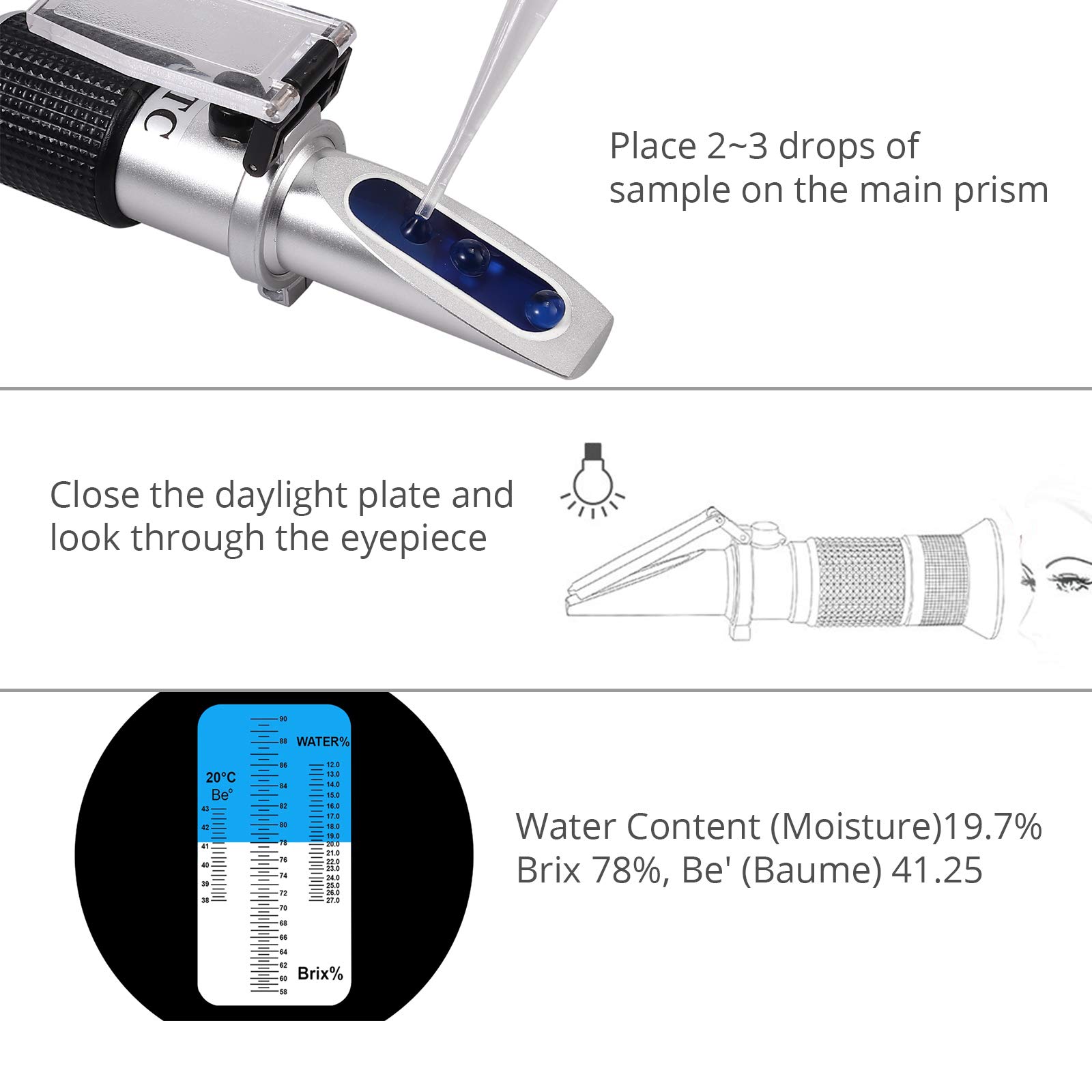 AUTOUTLET Rifrattometro Miele Umidità 58~90% Brix, Tester Automatico Compensazione per Miele Rifrattometro per miele, tester di umidità per miele, Brix e Baume