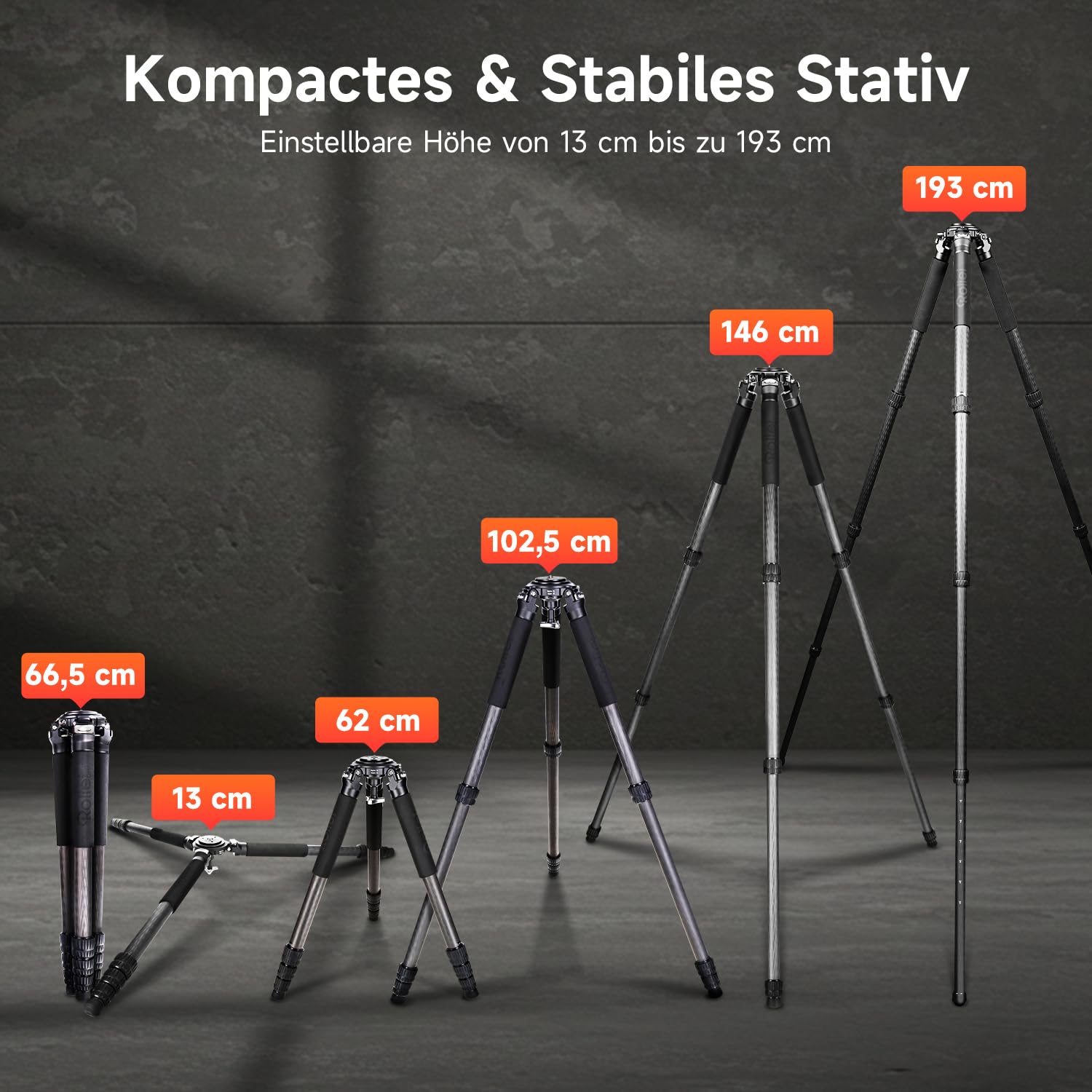 Rollei Rock Solid Alpha XL Mark III, 193cm Carbon Stativ Kamera Professionelles Dreibeinstativ für Schwere Kamera 40kg Tragkraft Kohlefaser Fotostativ mit Nivellierkopf Schwarz Camera Tripod