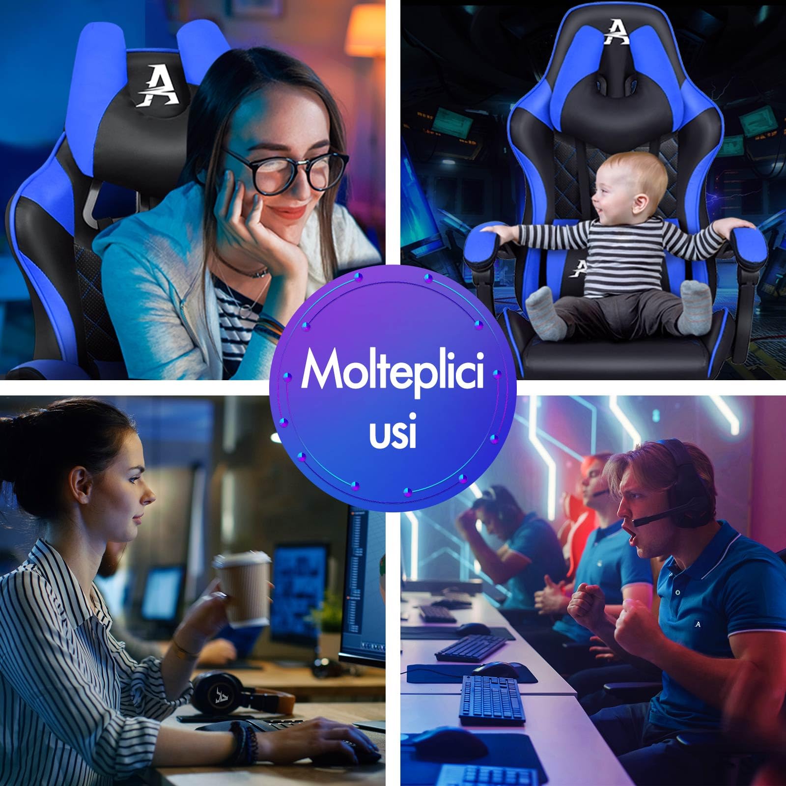 ALFORDSON Sedia Gaming Ergonomica Reclinabile con Poggiapiedi Blu | Poltrona Gamer in Similpelle Serie ETHAN, Schienale regolabile, con supporto lombare e poggiatesta, portata 180 kg