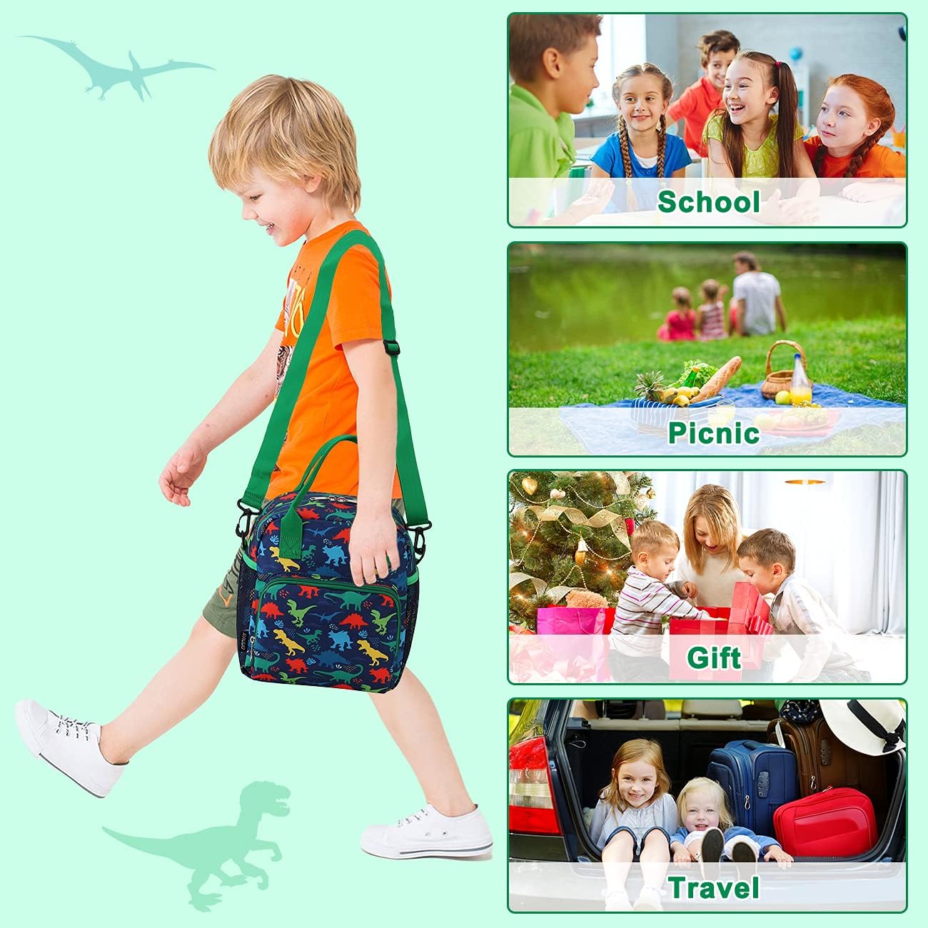 RAVUO Lunch Box for Boys, Dinosaur Insulated Lunch Bag for Kids Children Cute Insulated Cooler Thermal Meal Tote Kit with Handle and Detachable Shoulder Strap