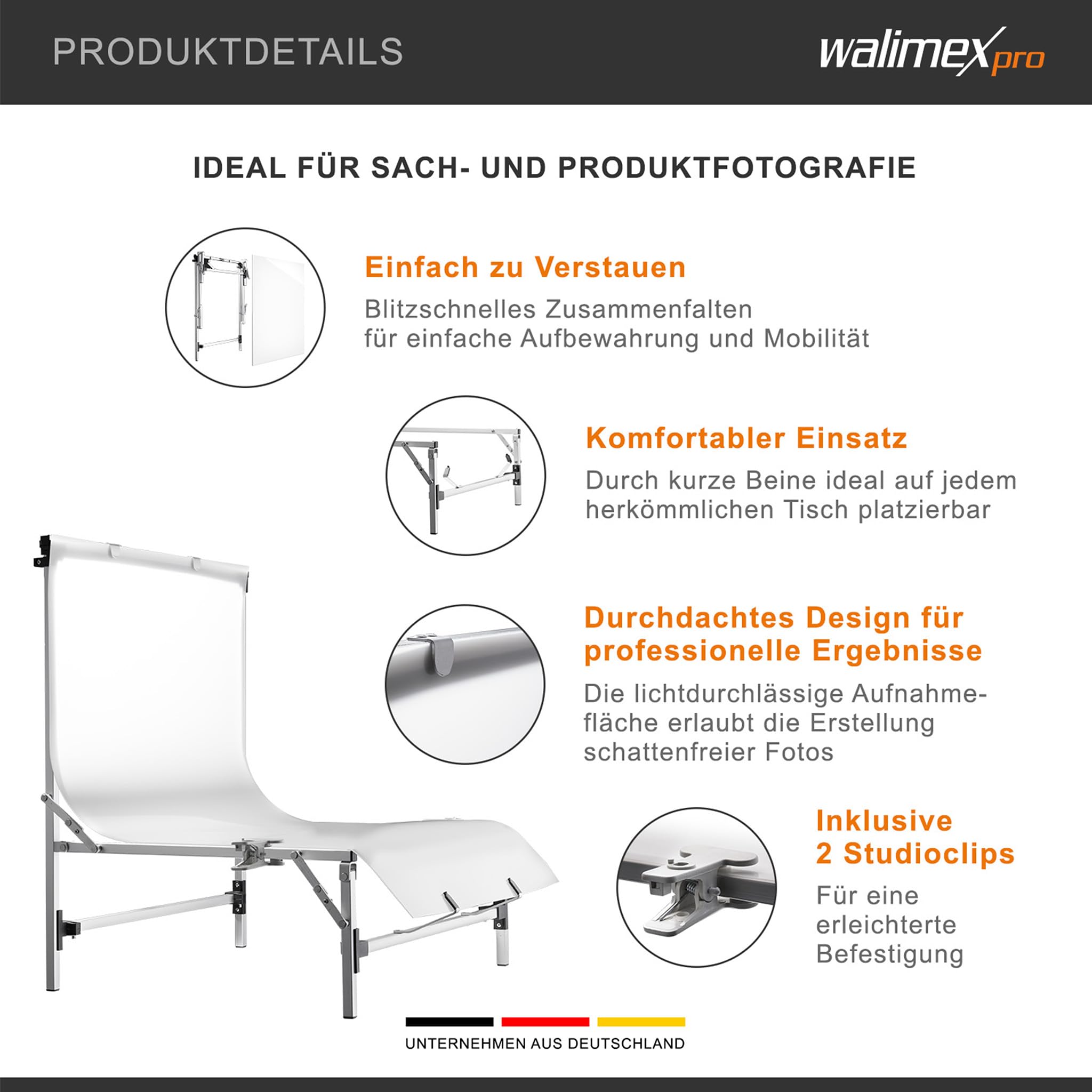 Walimex pro Fototisch Tavola Aufnahmehöhe 28 cm, Aufnametisch für Produktfotografie mit Diffusionsoberfläche, bis 5 kg Traglast, Fotostudio Hintergrund für professionelle Bilder
