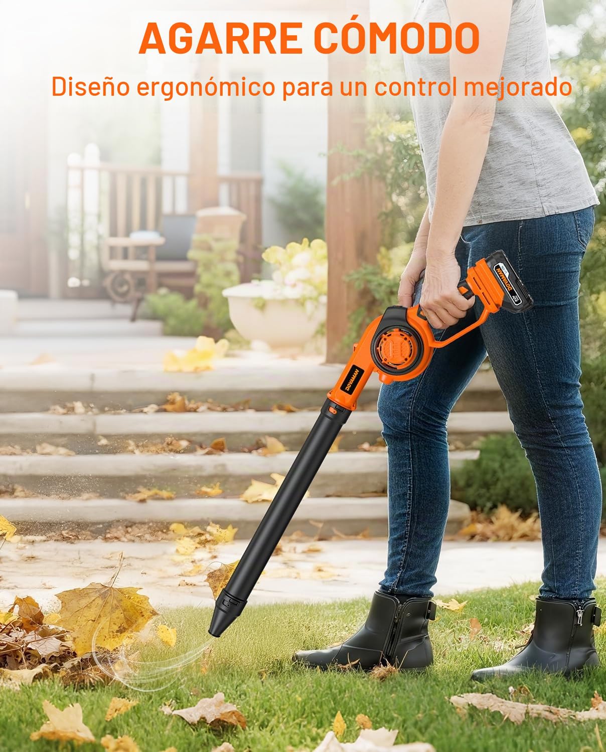 DOVAMAN LE20 Soplador de Hojas, Inalámbrico 3 en 1, 288 km/h, 3 Velocidades, 800g, Batería de 20V con Cargador Rápido, Luz LED, 3 Boquillas, Ideal para Jardín, Patio y Limpieza de Hojas y Polvo