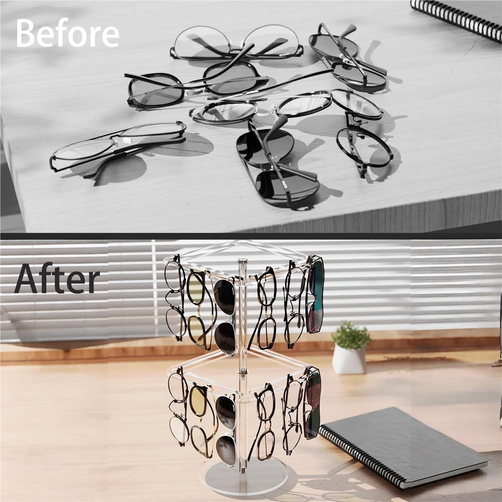 Porta Occhiali Portaocchiali Espositore da Tavolo for Occhiali da Sole in Acrilico con Rotazione A 360° Espositore Occhiali(Transparent,20x20x39.5cm)