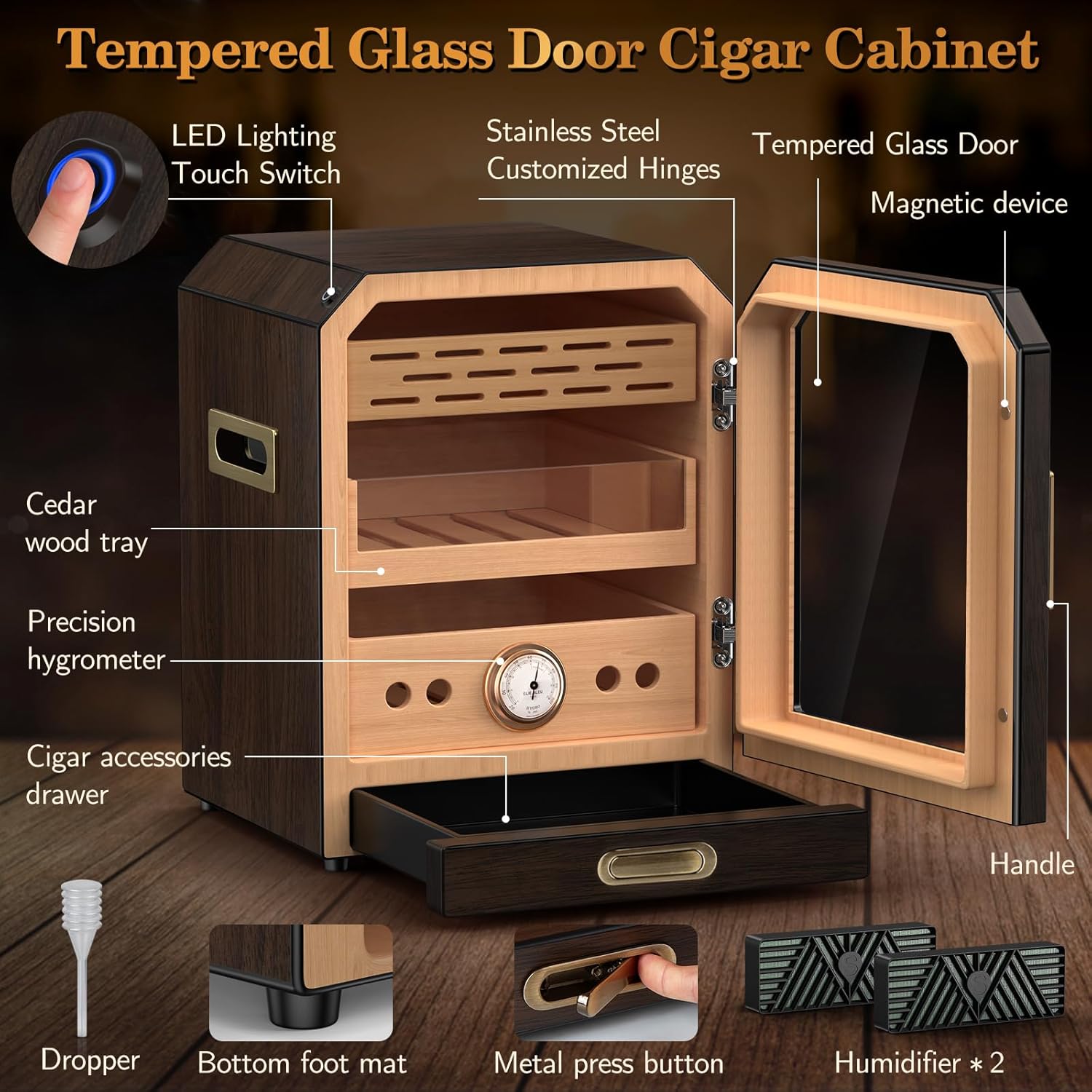 Cigar Humidor, Lighted Control Magnetic Door Desktop Cigar Humidor Cabinet,with Cigar Accessory Drawer and 2 humidifiers 3 Layer Large Capacity Humidor,Hold 100-150 Cigars (Brown) - Image 3