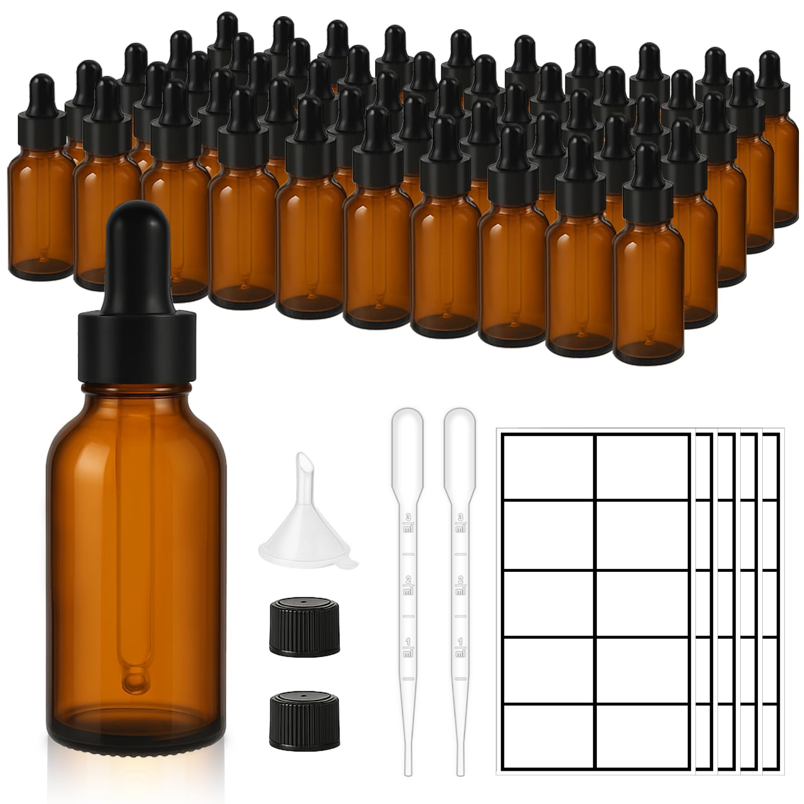 UPBUD 50 Pack 1oz Amber Glass Dropper Bottles Leakproof with Funnels, Eye Droppers, Extra Caps, Labels - Refillable UV 30ml Empty Bottles for