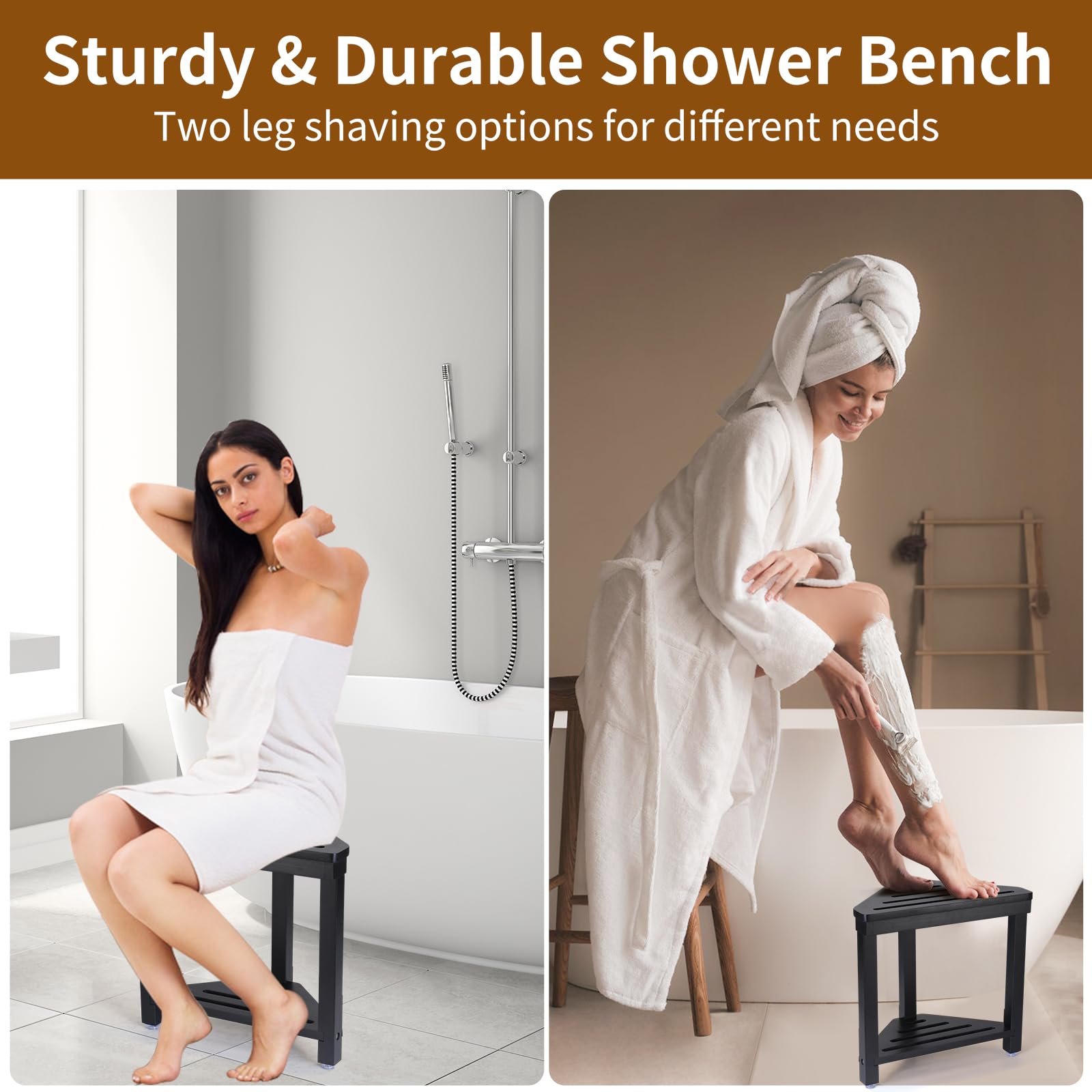 Boulphia Reposapiés de ducha de 14 pulgadas, taburete de ducha de madera de acacia para afeitarse las piernas, taburete de ducha de esquina impermeable con estante de almacenamiento para interiores