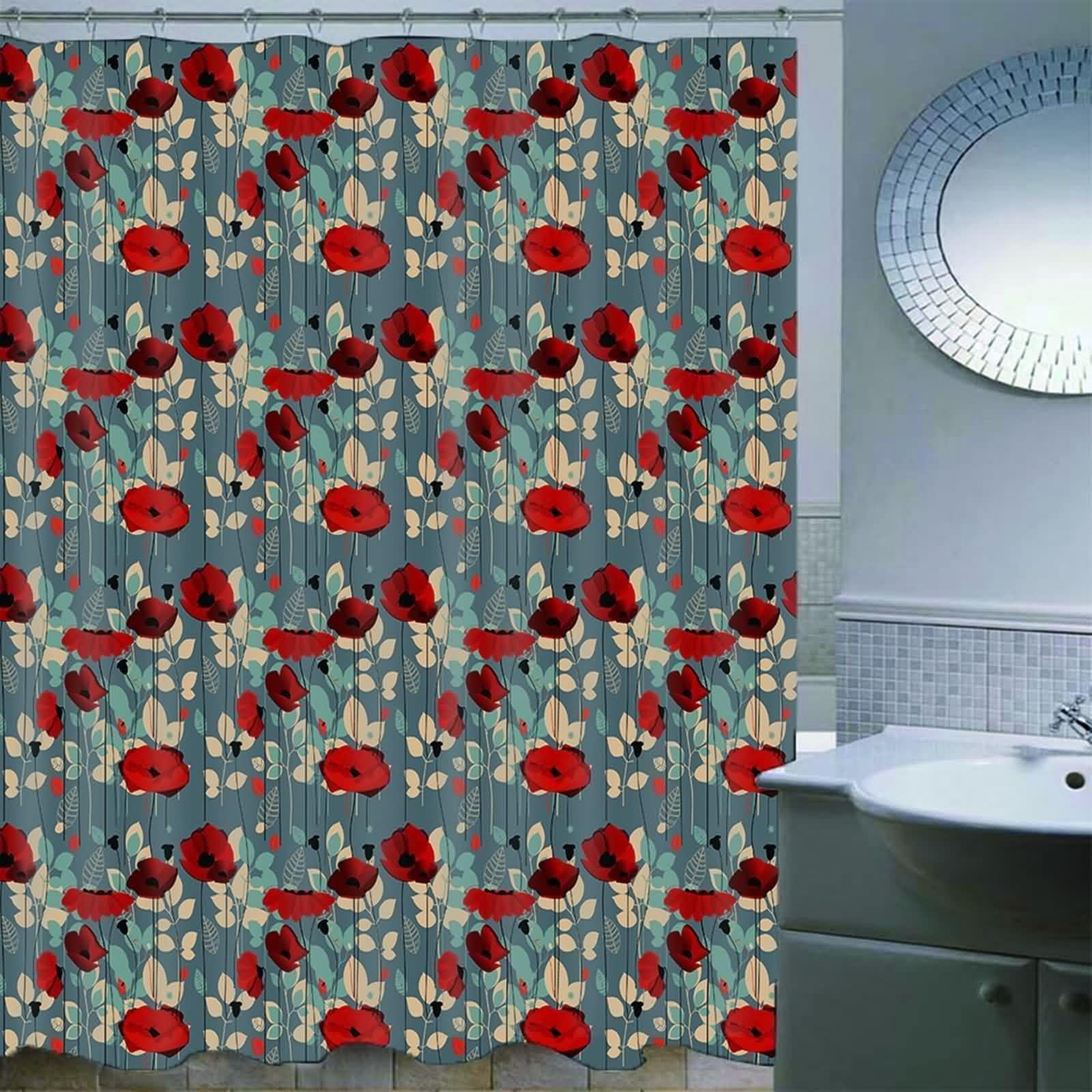 Rideau de douche pour salle de bain - Motif fleurs et feuilles - Imperméable - Anti-moisissure - En polyester - Lavable - Avec anneaux de rideau de douche
