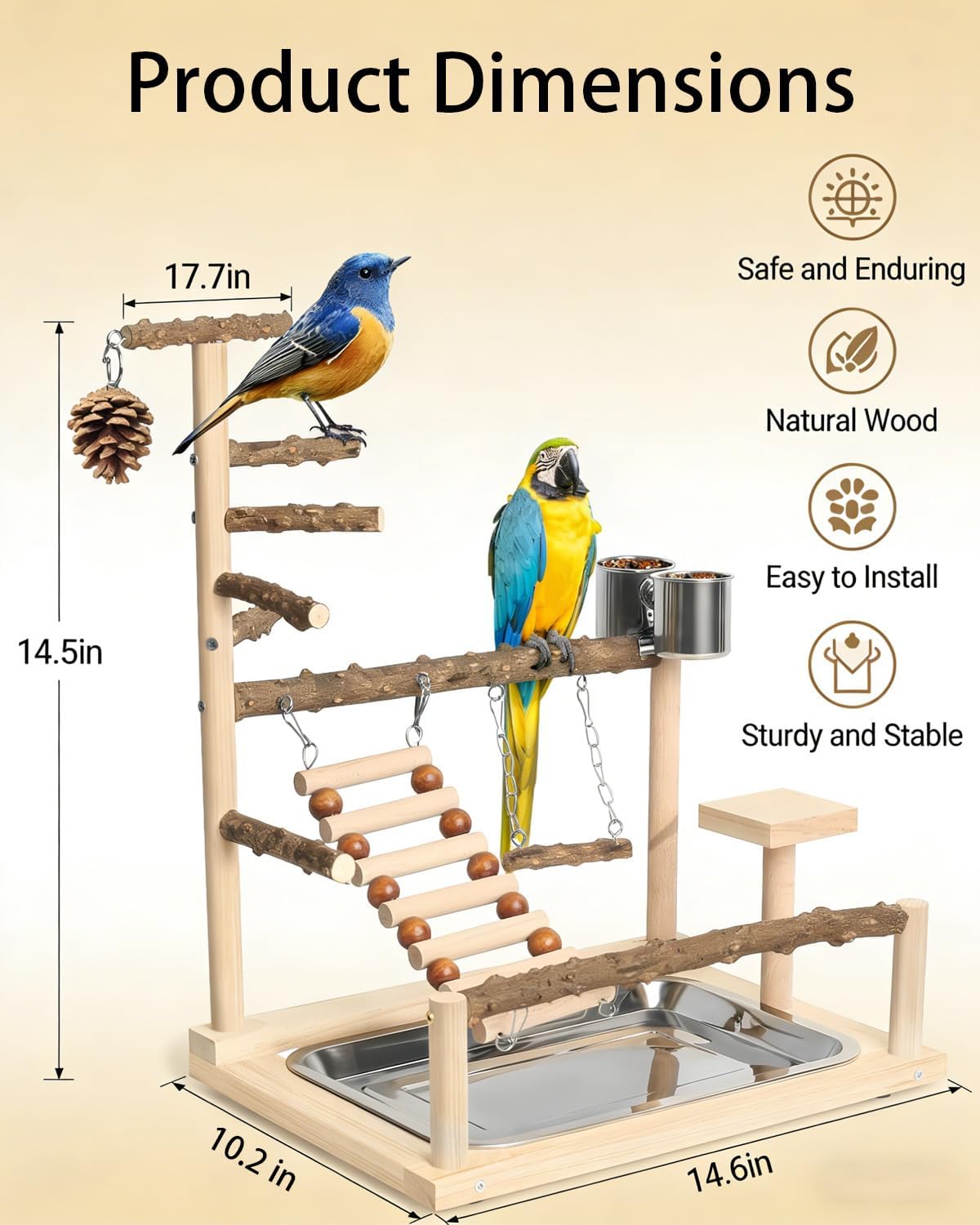 Natural Wooden Bird Playground Set - Bird Cage Accessories with Perches, Ladder & Swing, Safe Natural Wood Activity Center for Small to Medium Birds (Parakeet, Conure, Budgie, Cockatiel) image 5