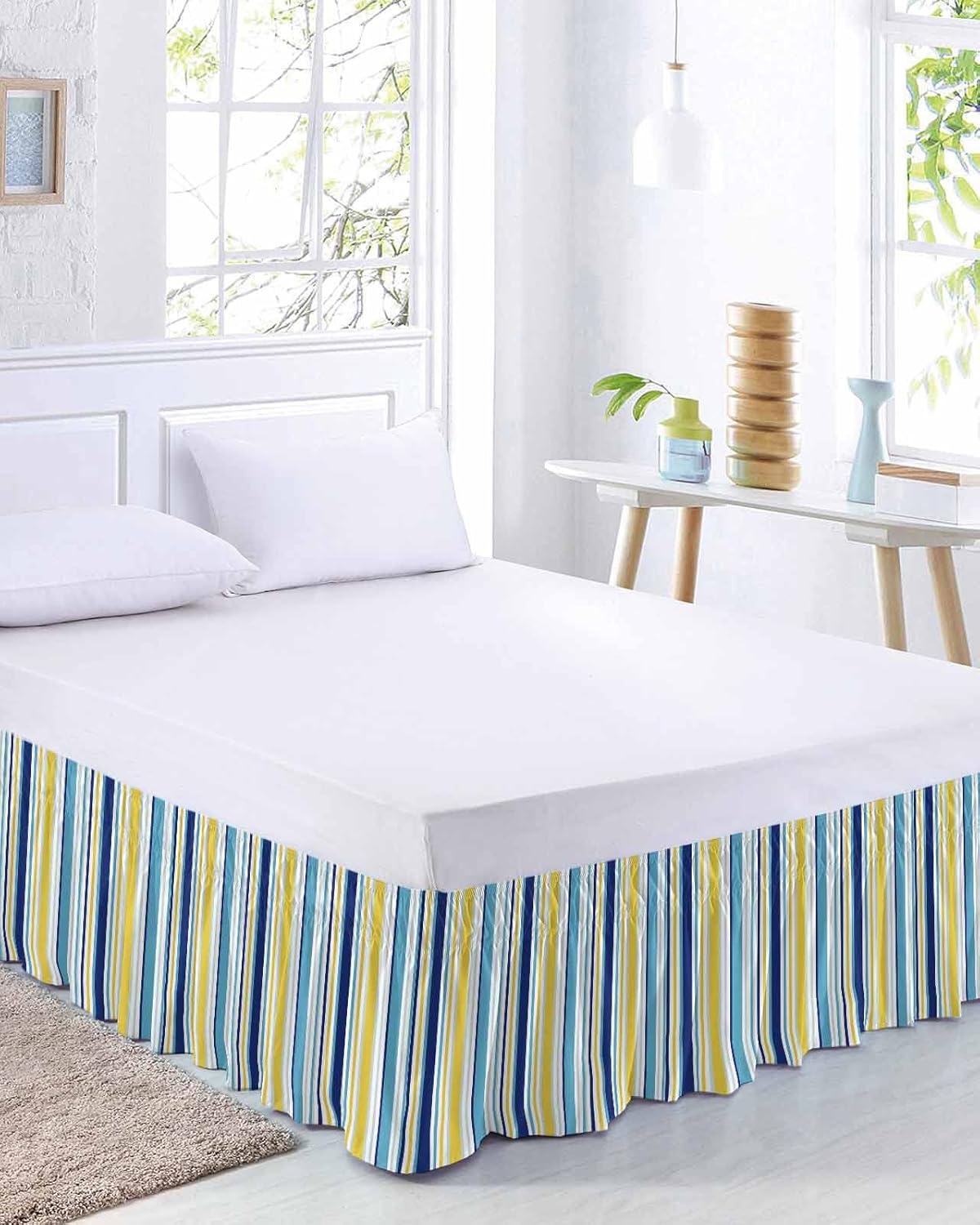 Blue Yellow Striped Bed Skirt Queen Size 16 Inch Drop, Adjustable Elastic Bedskirt Dust Ruffle for Queen Bed, Farmhouse Navy Blue Ombre Stripes Wrap Around Bed Skirts Luxurious Pleated Bed Frame Cover