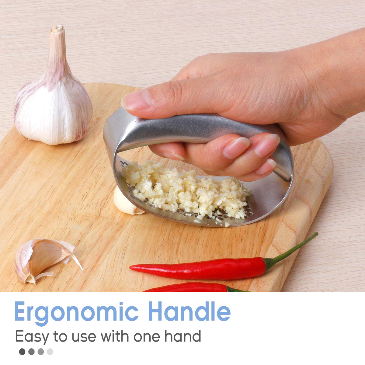 LAMY Prensa de ajo, picadora de ajo de acero inoxidable, trituradora de ajo profesional de grado alimenticio para cocina, juego de picador de ajo premium con tubo de silicona, pelador de ajo y cepillo