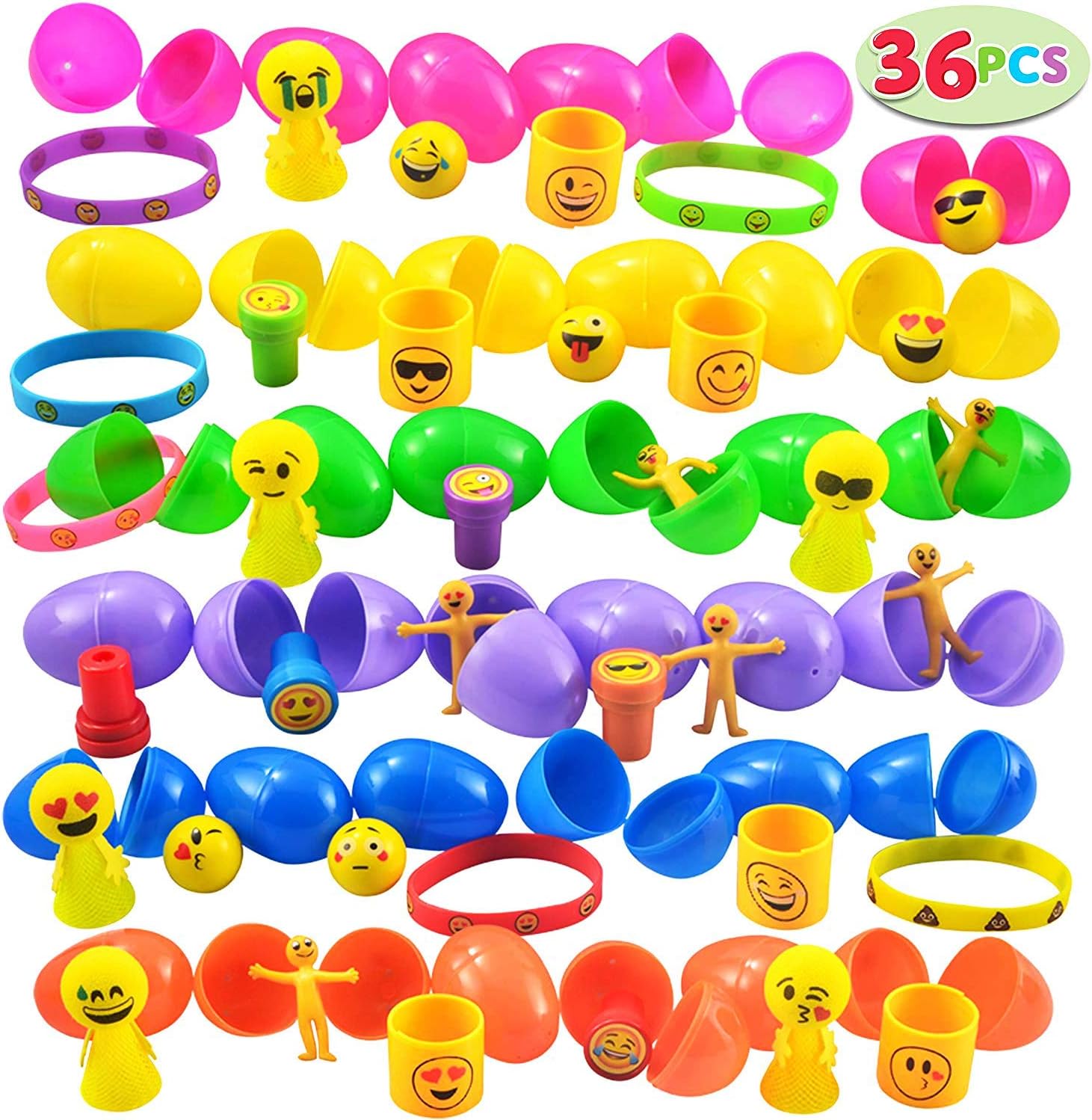 JOYIN 36 Pcs Pre Filled Easter Eggs with Emoji Toys, Easter Basket Stuffer Assorted Prefilled 36 Easter Eggs with 36 Different Kinds of Emoji-Themed Toys Includes Bouncing Balls, Stampers, Springs, Popper Spring Launchers, Wristband Bracelets and Bendable Figures