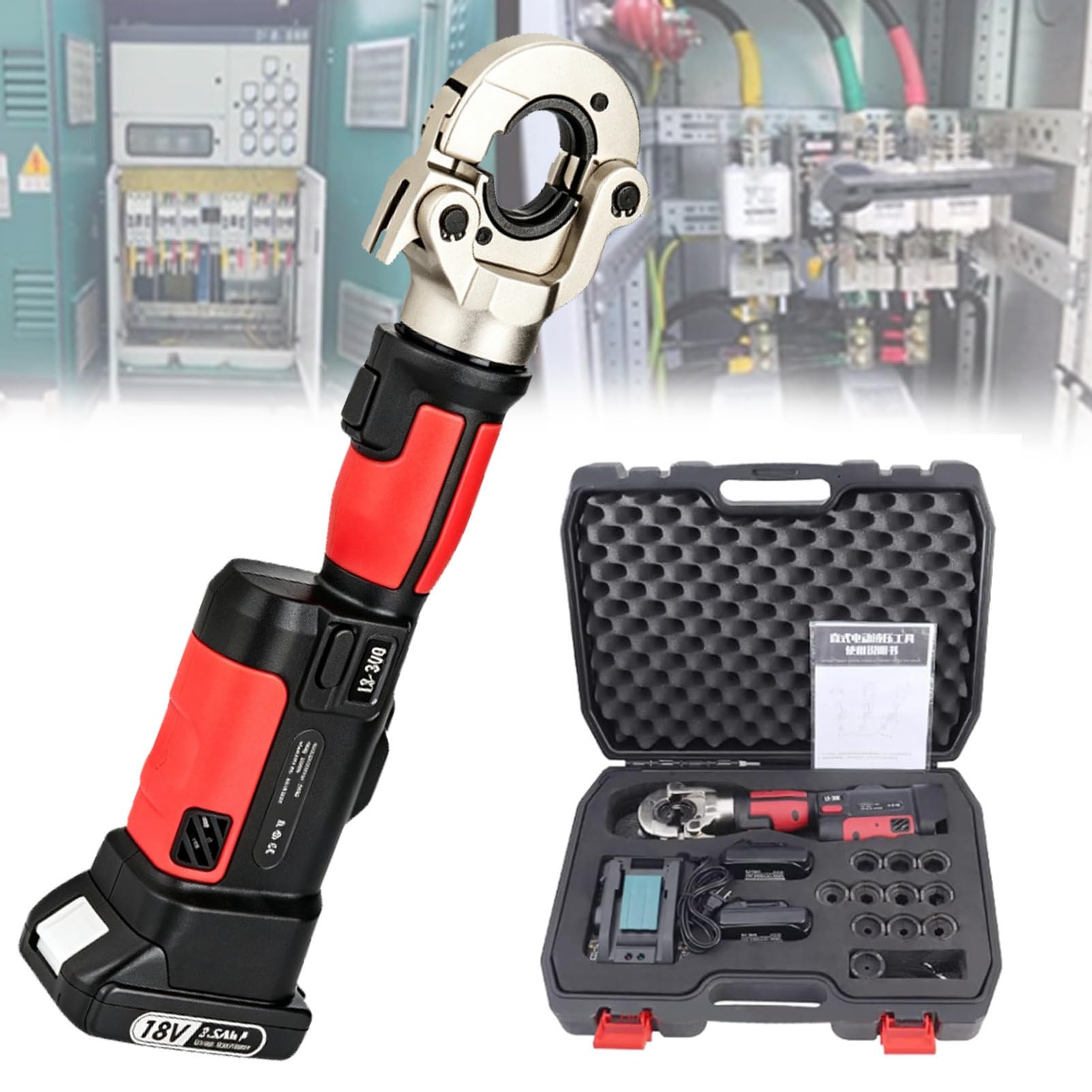 Pvxa Electric Hydraulic Cable Lug Crimping Tool Kit, High Performance Cable Terminal Crimper, with 12 Pairs of Dies, for Electrical Terminals & Wires 16-300Mm² Range Red