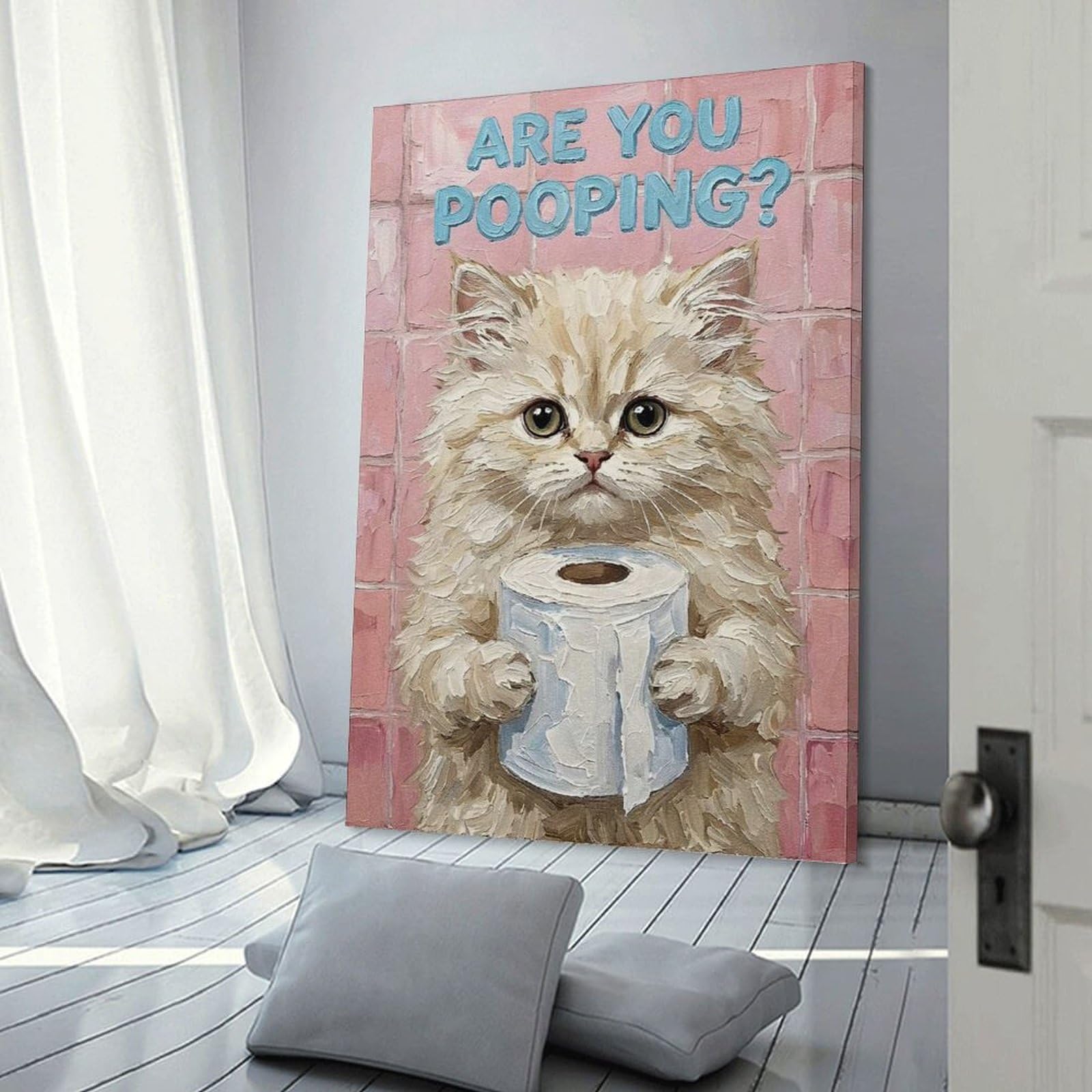 Junmoney Frame-Style-16 Cat With Toilet Paper Painting Canvas Art Print 16X24inch(40X60cm), For Apartment Walls, Studios Or Work Areas, An Easy Choice For New Home Styling