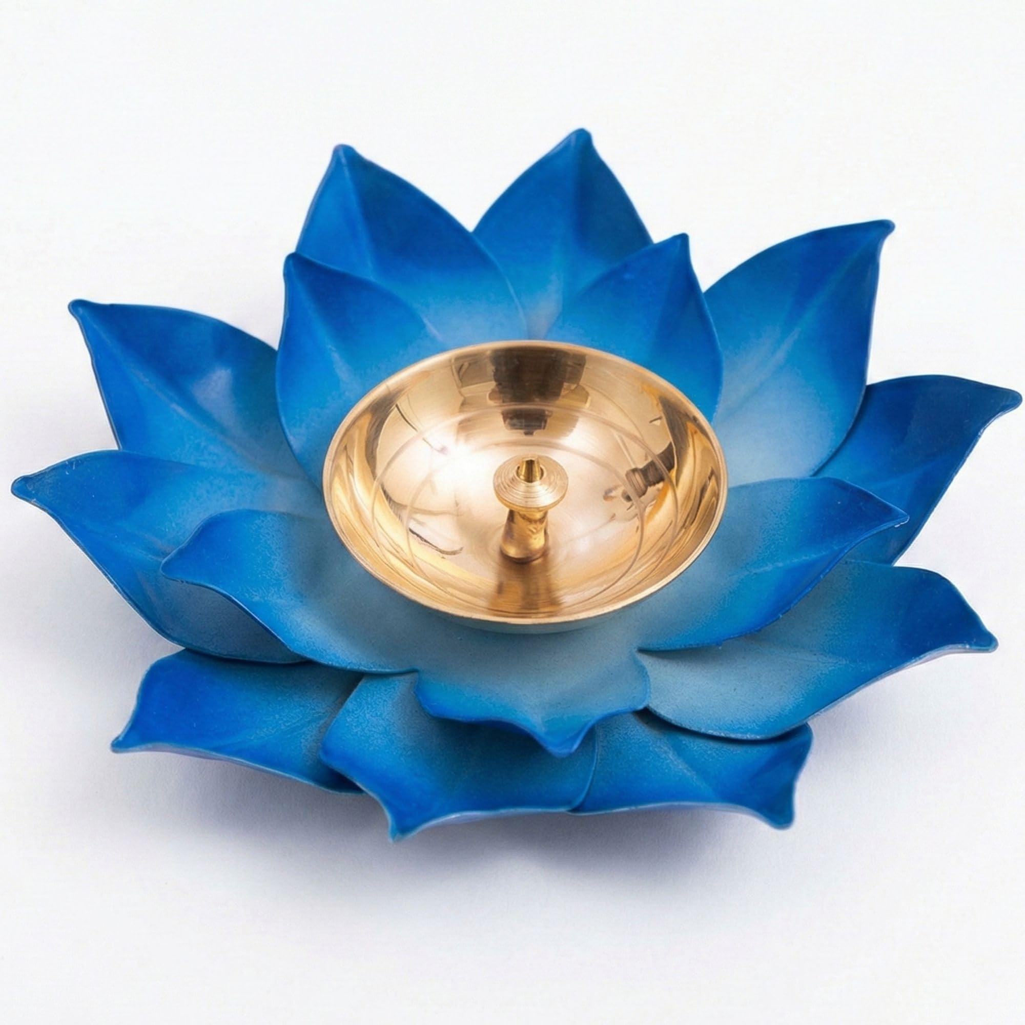 Brass Lotus Diyas for Home Decoration – 5 inches Medium Size Puja Akhand Diya , Decorative Diwali & Christmas Festival Item with Gift Box , Blue Flower