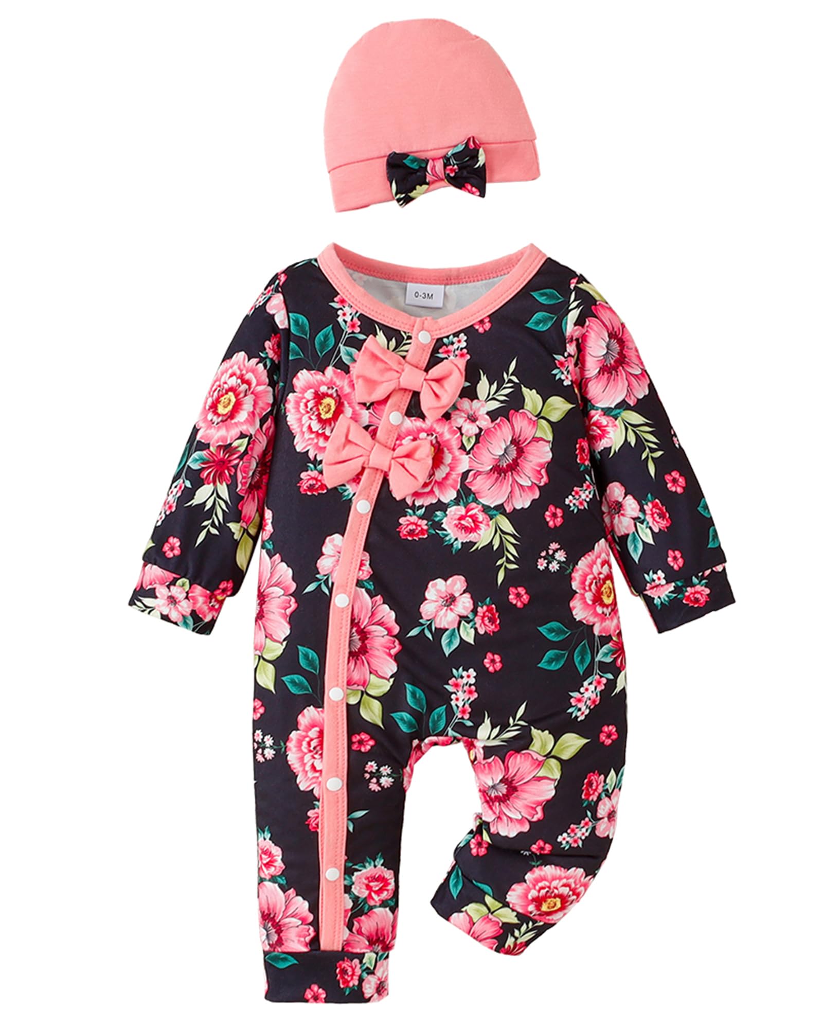 Mioglrie Newborn Baby Girl Clothes Long Sleeve Romper Infant Fall Winter Outfits Floral Hat Jumpsuit Preemie Girl Clothes