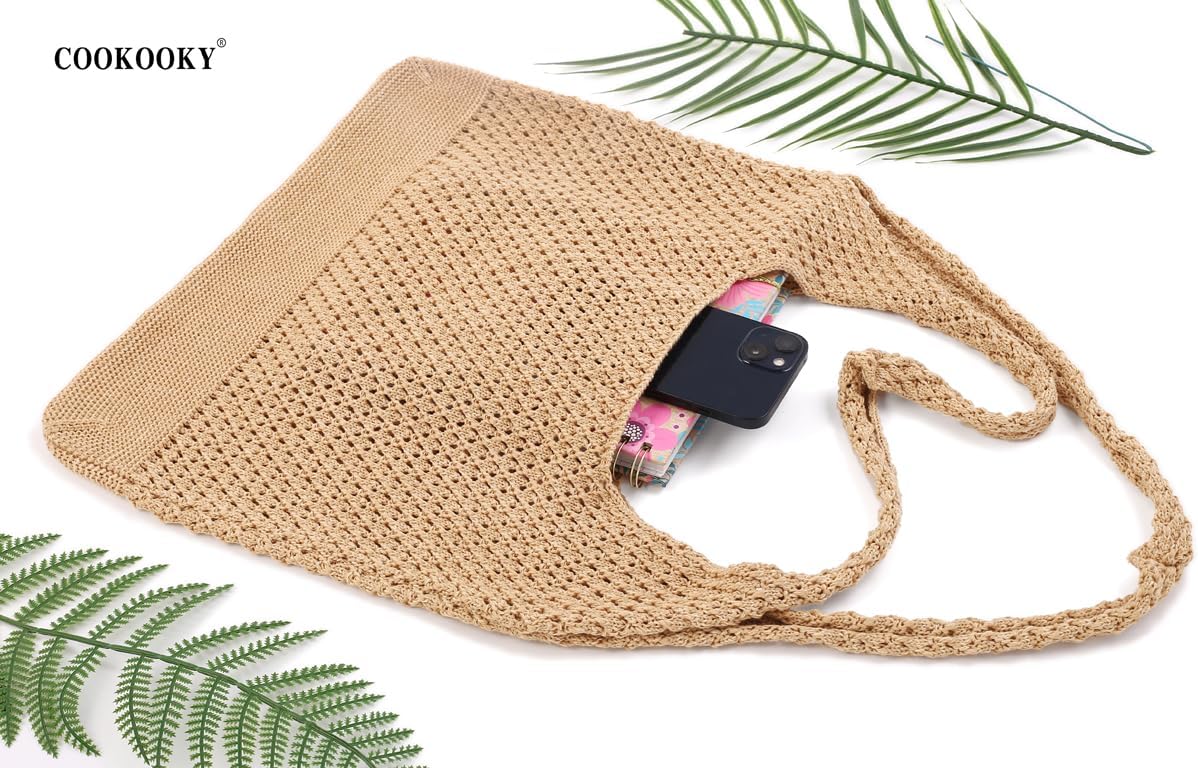 COOKOOKY Crochet Beach Tote bag Summer Beach Bag for Women Aesthetic Mesh Tote Bag Hippie Bag Knit Bag - Image 6