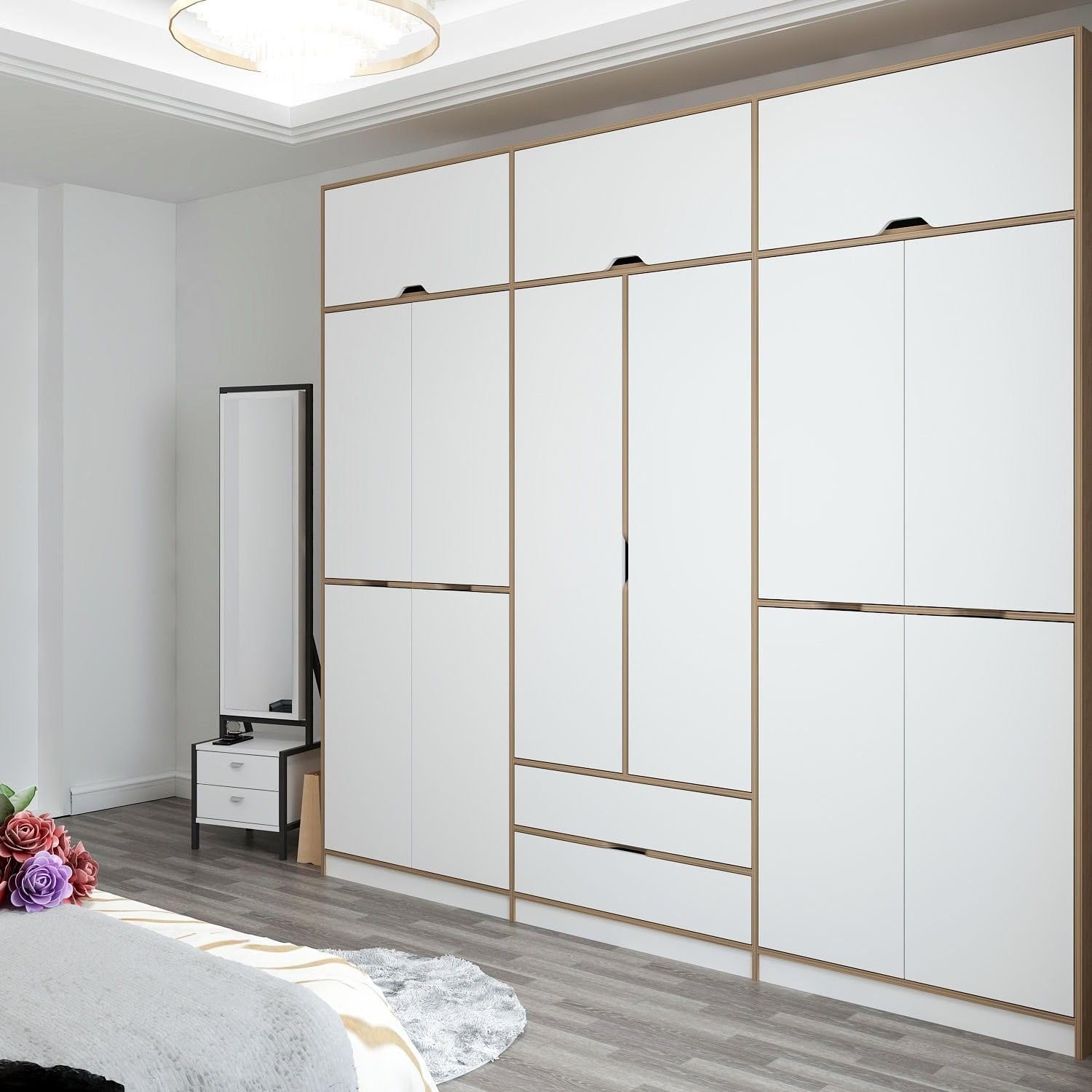 Dmora Guardaroba Grande Skiron 277x253h cm Bianco 2 Cassetti Appendiabiti, Armadio Camera da Letto 4 Ripiani