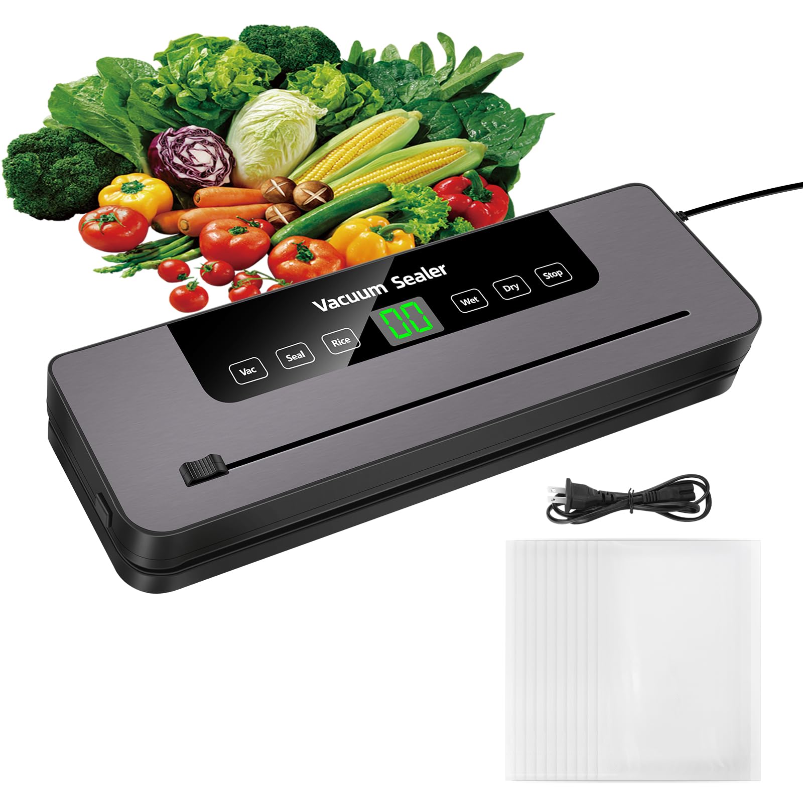 Macchina per sottovuoto per Alimenti compatta, Multifunzione, aspirazione Potente da 60 kPa, taglierina Integrata, conservazione con 10 Sacchetti sigillati, per Mantenere freschi Carne, Verdure, snac