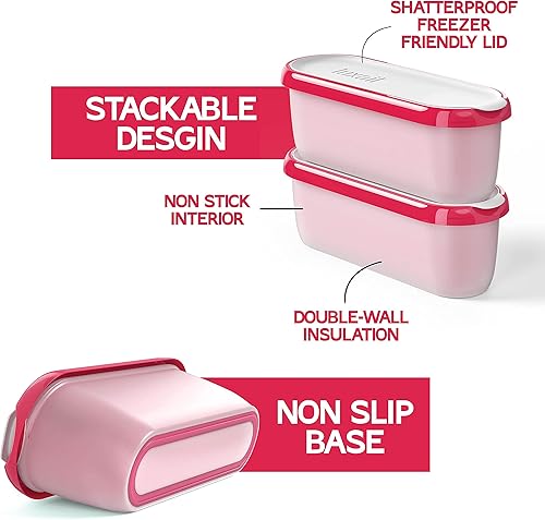 Miniatura 6 de Recipientes de helado para helado casero, contenedor reutilizable para congelador, con tapas, paquete de 2, sin BPA, apto para lavavajillas, doble