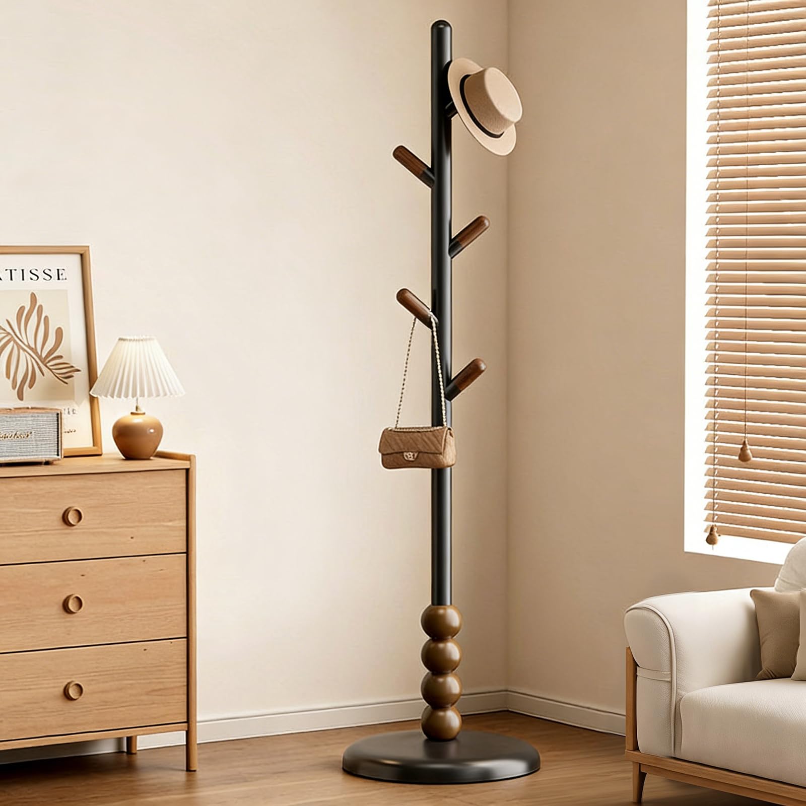 Js Space Black-B Freestanding Wooden Hook Coat Rack Stand Sturdy Coat Tree Standing Hanger For Entryway, Bedroom,Hallway,Entrance