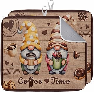 Coffee Time Dish Drying Mats for Kitchen Counter 2 Pack, Gnome Desserts Dwarfs Bean Brown Wood Grain Dishes Drainer Mat Absorbent Kitchen Countertop Protector Pad Extra Large 18"x24"