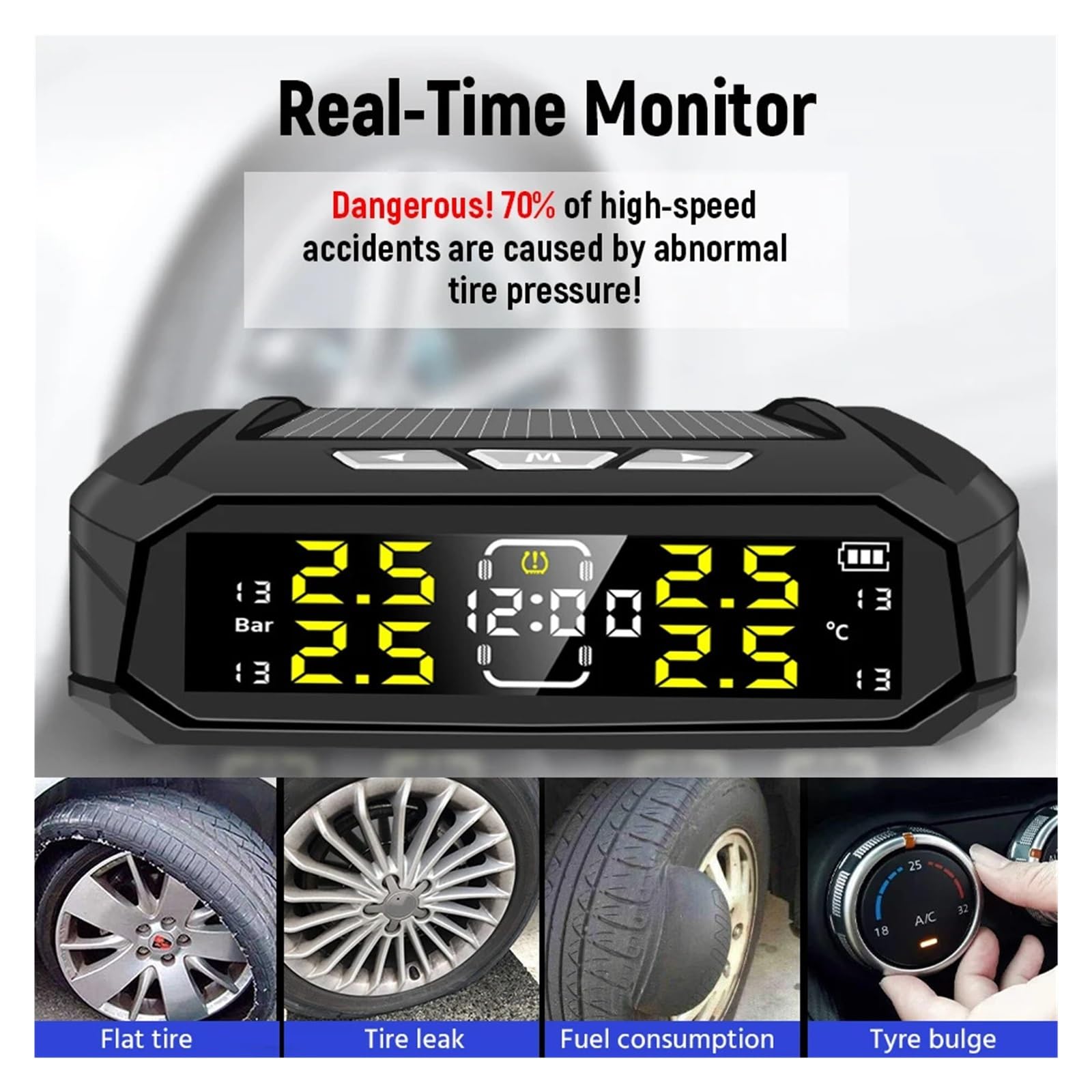 Zasilanie Energią Słoneczną TPMS Monitor Ciśnienia W Oponach Samochodowych Zegar Elektroniczny Ekran LCD Ostrzeżenie O Temperaturze Bezpieczeństwa Precyzyjne Wykrywanie(K19P)