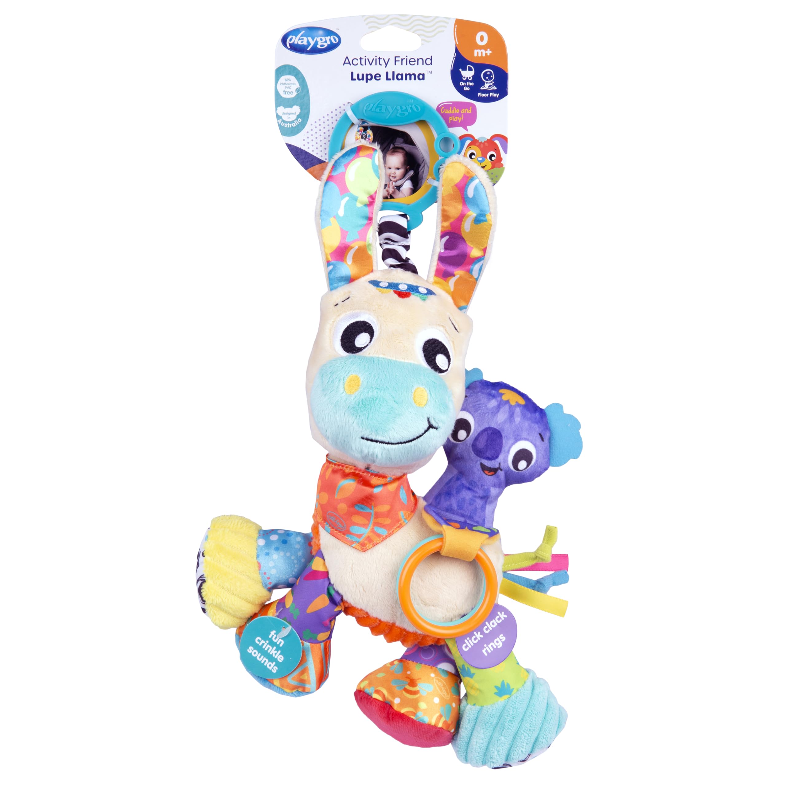Playgro Activity Friend Lupe Llama – Juguete sensorial para bebé 0+ meses, llama suave con clip para carrito o cuna, ideal para recién nacidos