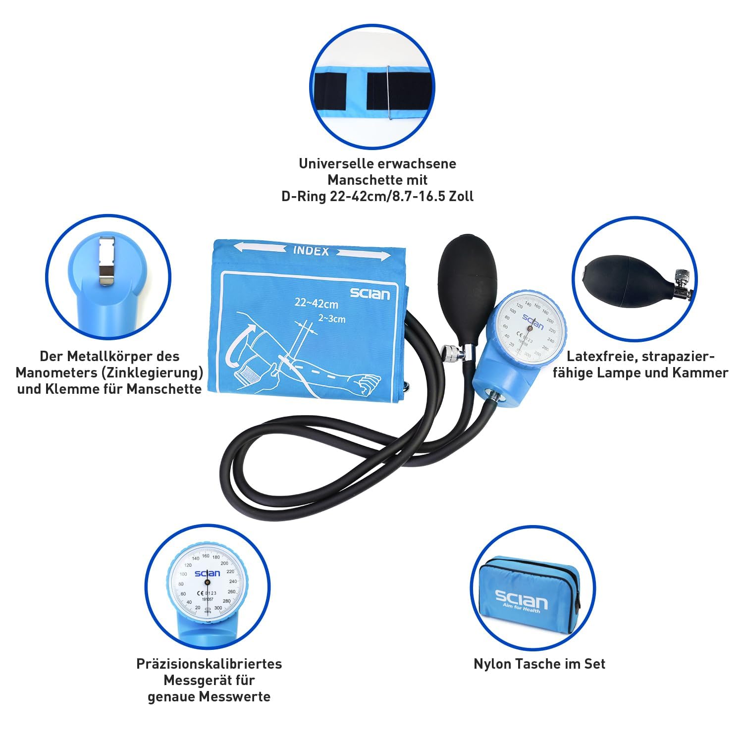 SCIAN Esfigmomanómetro Manual Aneroide, Tensiómetro de Brazo Manual Profesional, Brazalete Universal 22-42cm, para Uso Médico y Doméstico con Bolsa de Transporte (Azul cielo)