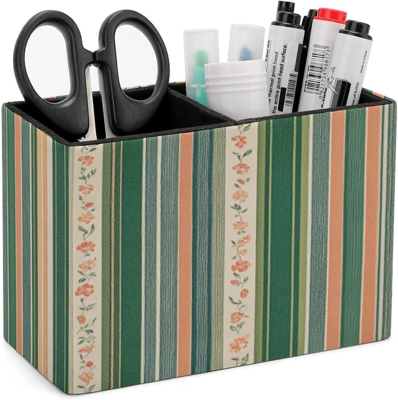 PU Leather Sage Green Stripes Pencil Pen Holder Office Supply