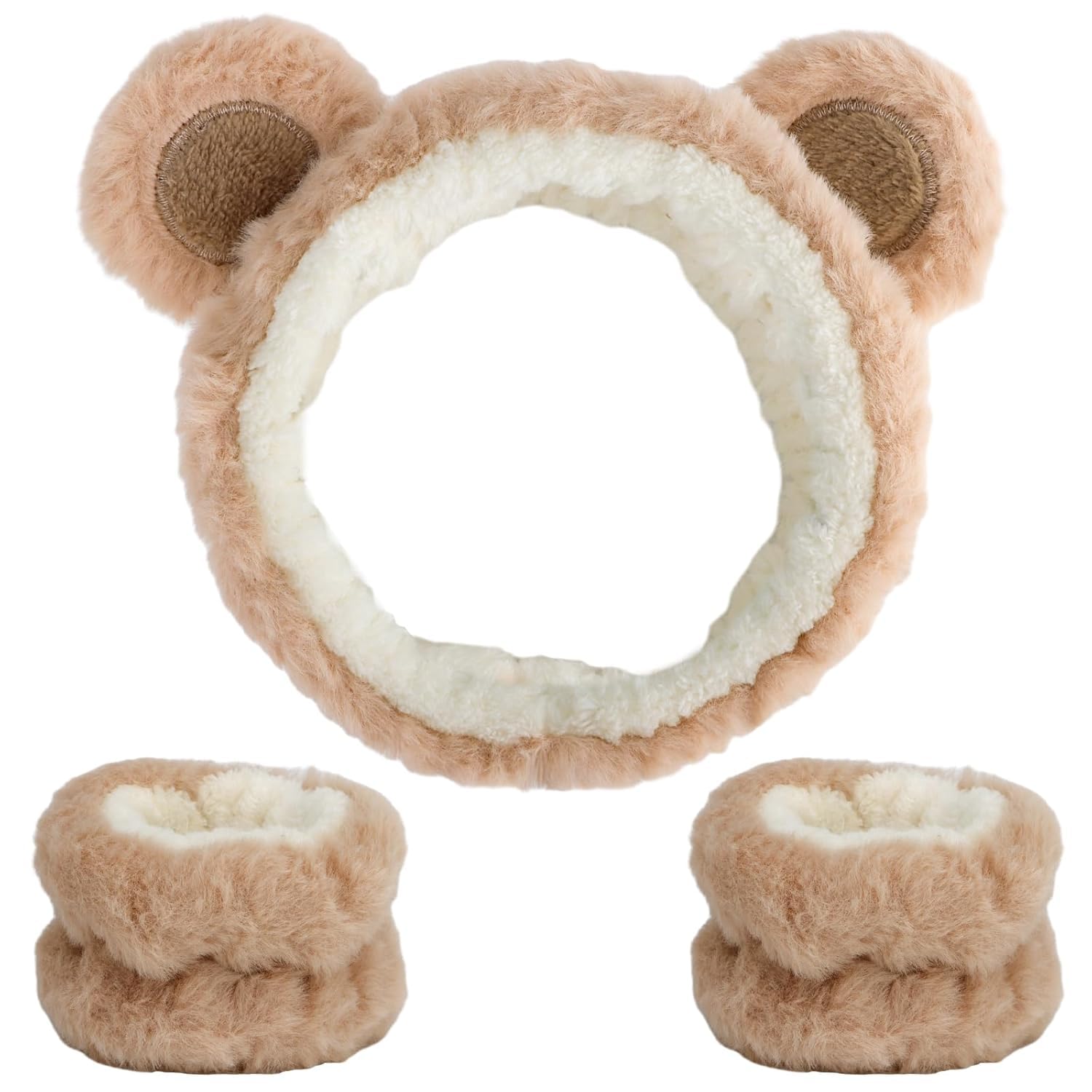 Fuzzy Bear Ear Headbands with Matching Wristbands for Women's Facial Makeup, Skincare, Spa, and Face Washing (Brown)
