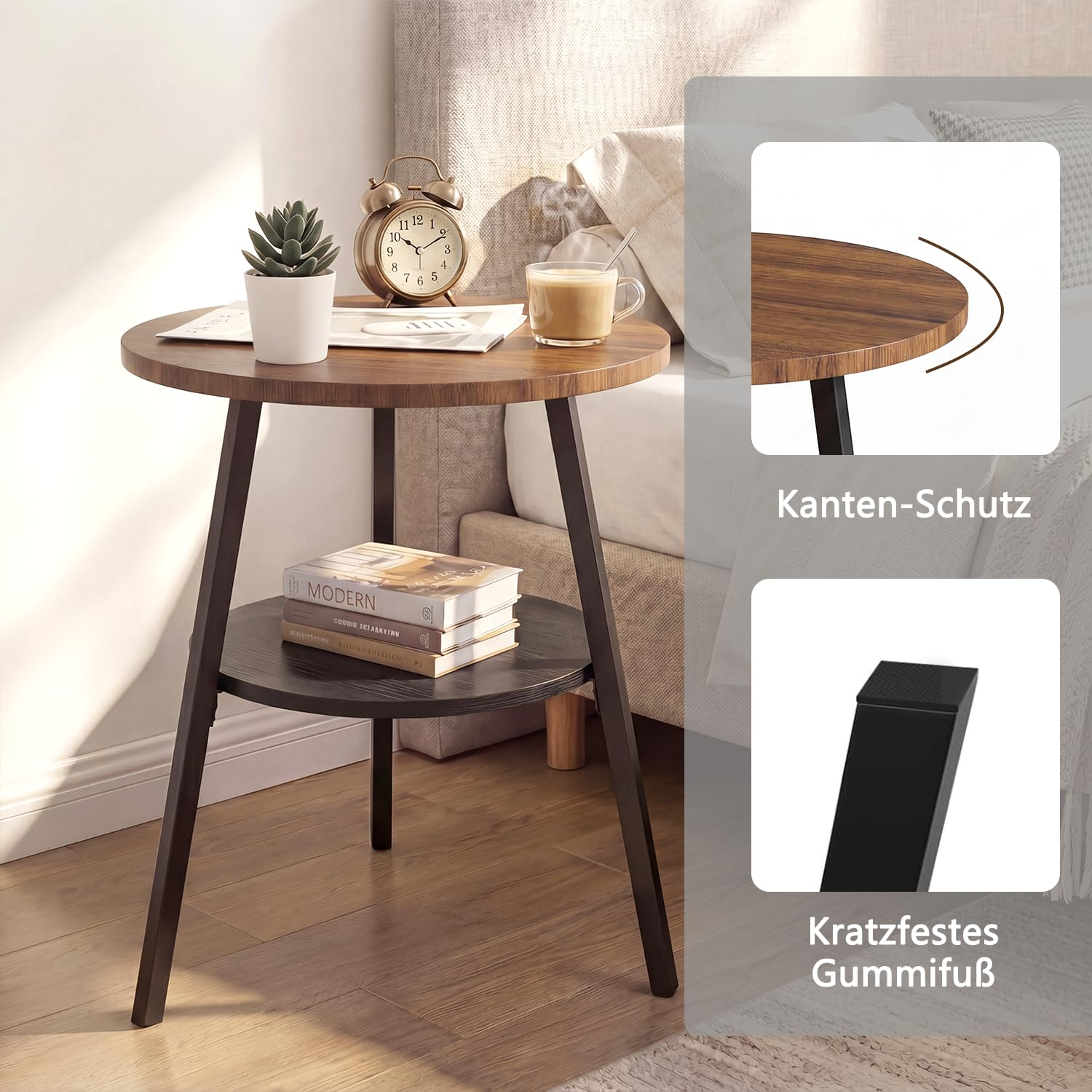 Beistelltisch Rund, Couchtisch Klein mit 2 Etagen, Runder Holz Beistelltisch im Vintage Stil, Nussbaumoptik für Wohnzimmer & Schlafzimmer