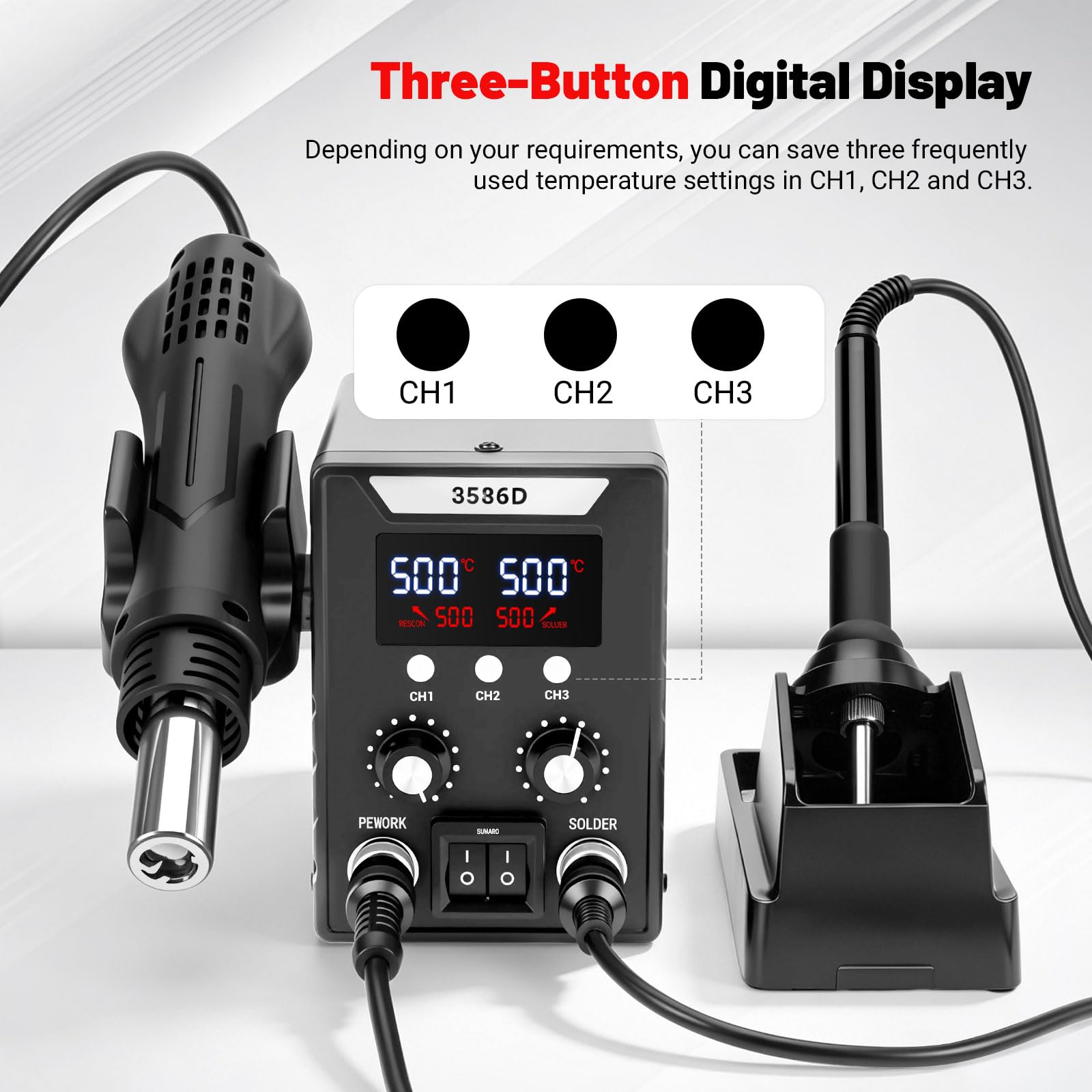RUIZHI Stazione di Saldatura 2 in 1 Kit Saldatore 100–500°C | Pistola ad Aria Calda 700W con Doppio Display LED, Set di Saldatura per Scuole, Laboratori e Riparazioni
