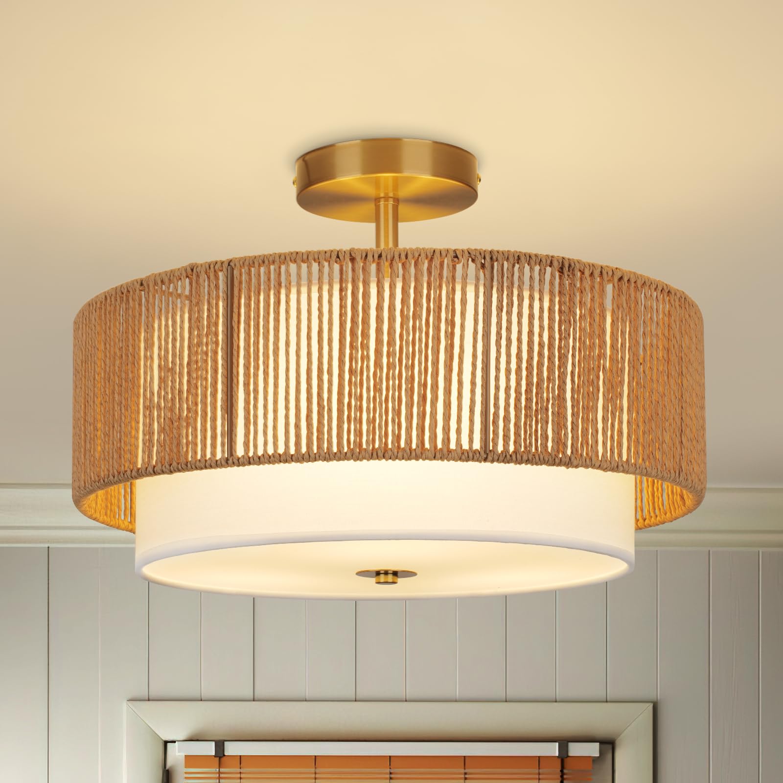 Scyvenra 16'' Semi Flush Mount Ceiling Light Fixture, Boho Light Fixtures with 2-Tier Drum White Fabric Shade, 3-Light Farmhouse Rattan Drum Light