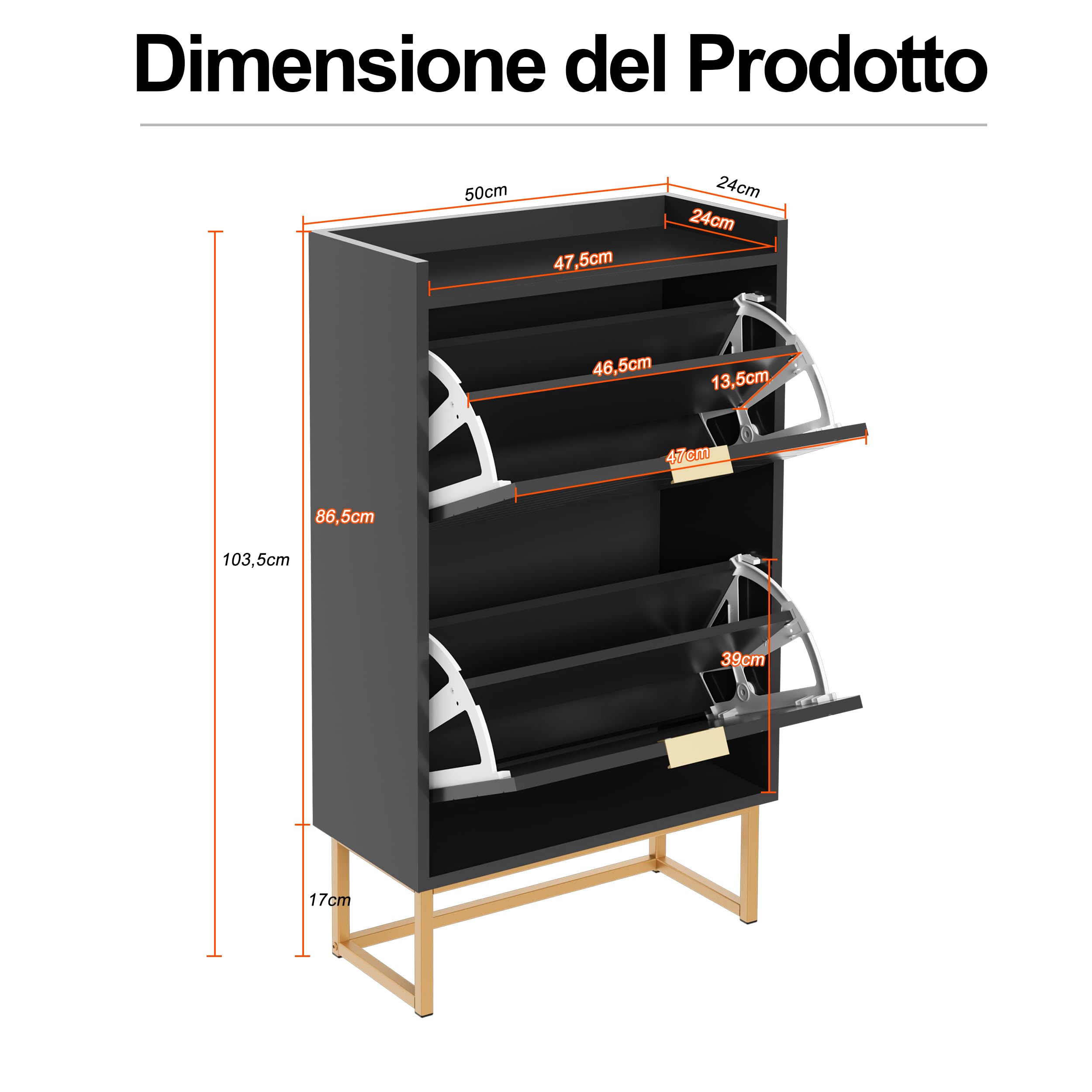 UEV Scarpiera, Scarpiera Basculante, con Soffitto con Recinzione, 2 Scomparti, Ripiano Rimovibile o Regolabile in 2 Posizioni, per Ingresso, Corridoio, 50x24x103,5 cm, Nero