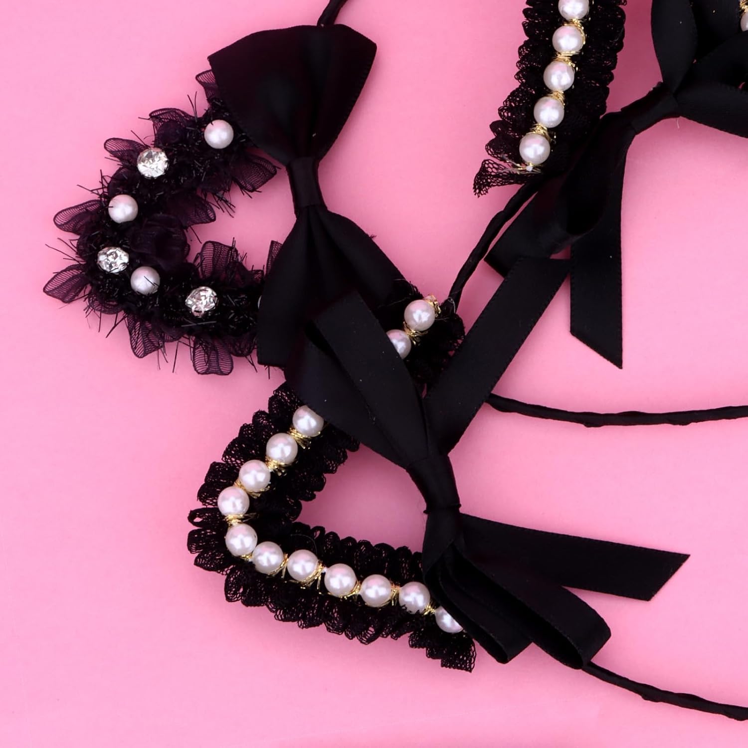 CURASA Black Cat Ears Headband for Women 2pcs Lace Cat Ears Headbands Bow Cat Ears Adult Pearl Hairband Animal Ears Head Band Cat Party Favor Costume for Birthday Halloween Cosplay Themed Party - Image 5