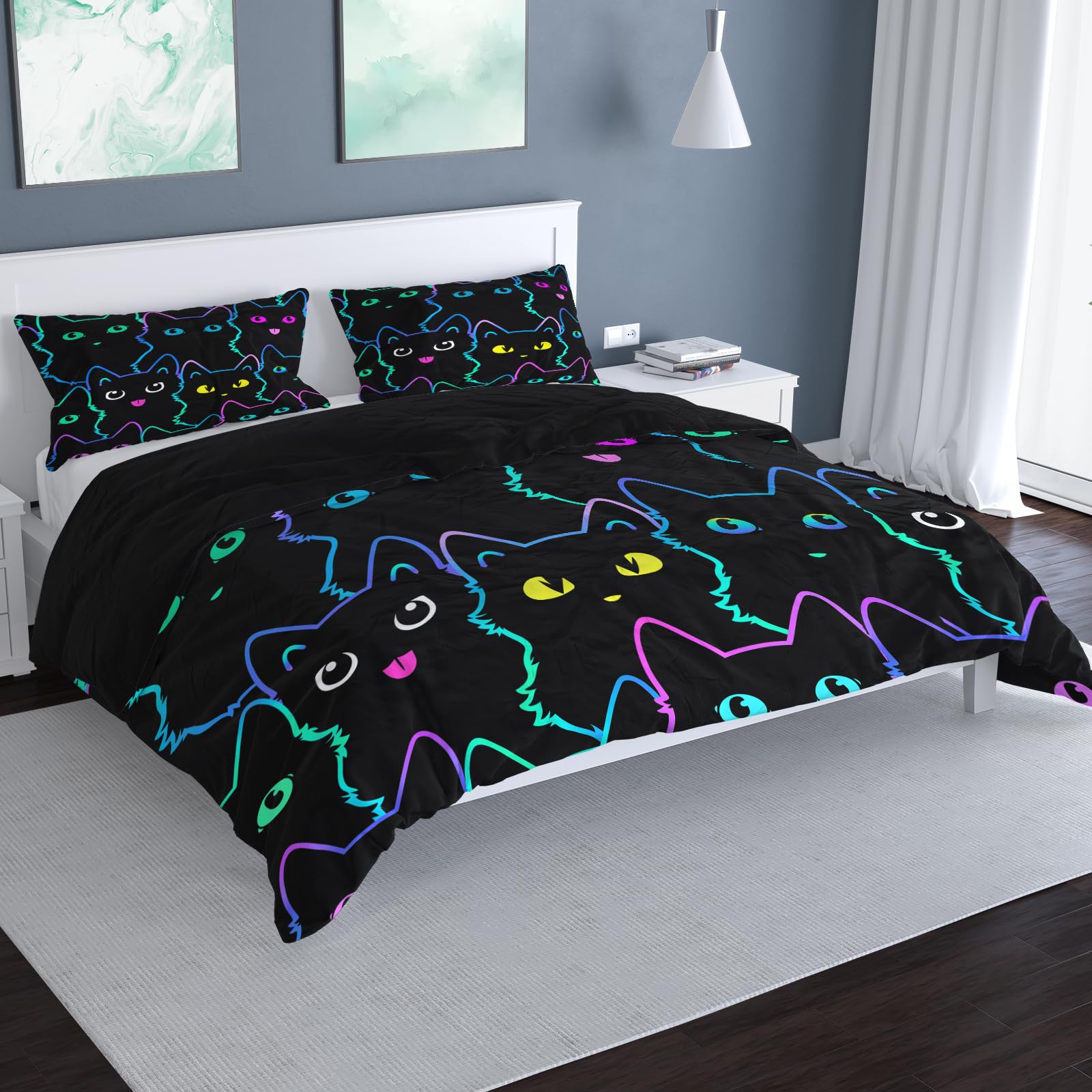 Juego de Ropa de Cama para Gatos, Bonito Juego de Ropa de Cama con Funda nórdica y Funda de Almohada (F, King（220x240cm）)