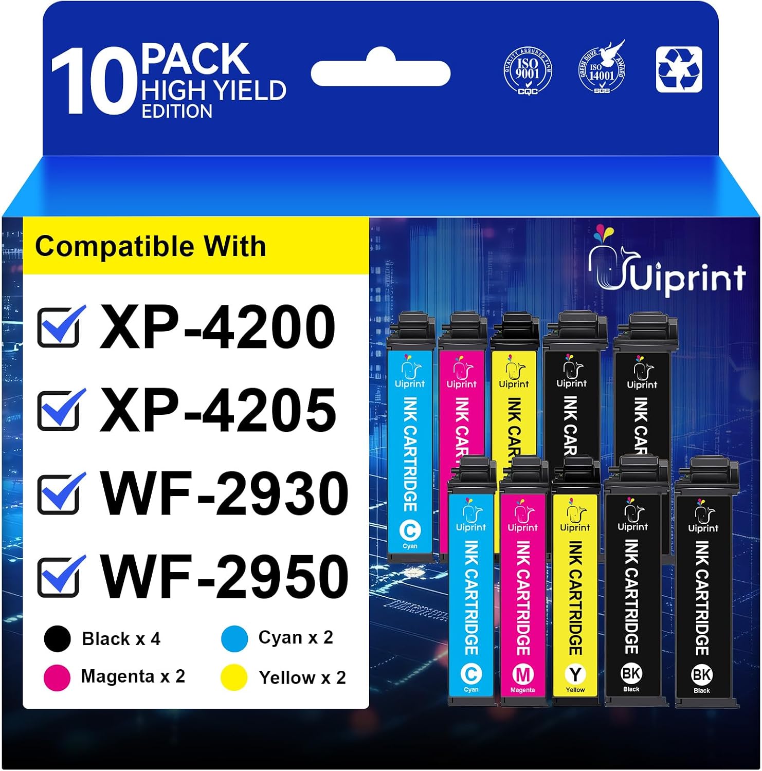 XP-4200 XP-4205 WF-2930 WF-2950 Printer Ink Cartridges Combo Pack | For Epson XP‑4200 XP‑4205 WF‑2930 WF‑2950, High Yield 10 Pack, Up to 4100 Pages, with Latest Upgraded Chip, Premium Ink