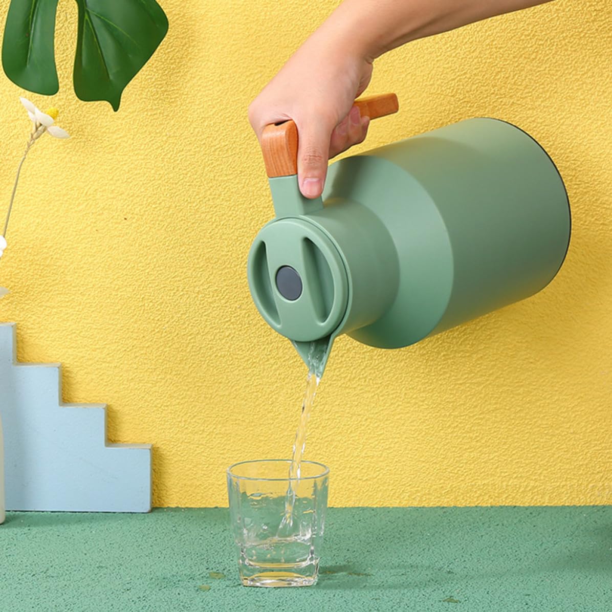Borraccia Termica da 1l Manico in Legno e Doppia Parete in Vetro e Plastico, Stile Semplice, Capacità Grande per Uso Domestico e Portatile