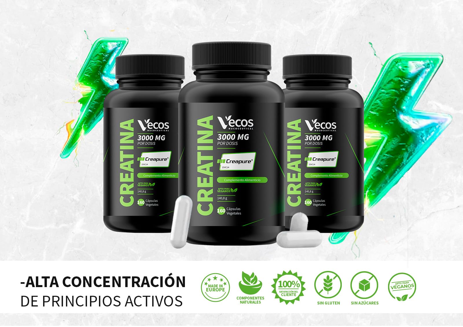Creatina Monohidrato Creapure® 3000 mg en Cápsulas Vegetales – Alta Pureza Alemana para Fuerza, Energía y Recuperación (320 Cápsulas (2 Botes))