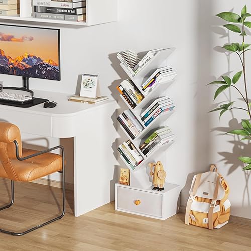 Miniatura 6 de Estantería de árbol de 8 niveles con cajón, estantería de madera de pie para sala de estar, dormitorio, oficina en casa, organizador de