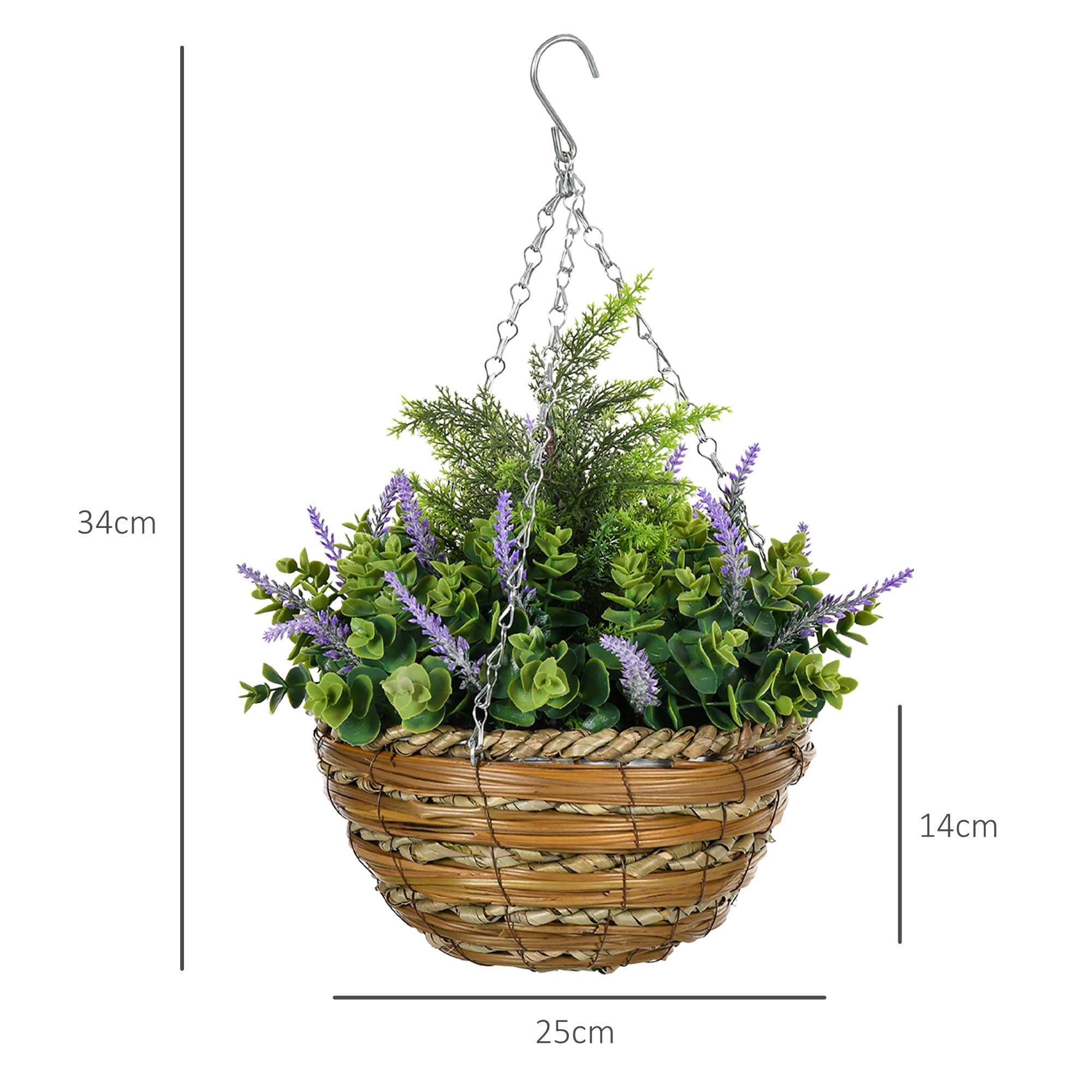 Outsunny Set 2 Piante Finte di Lavanda con Vaso e Gancio, Piante Artificiali in PE e Vimini, Ø25x34 cm, Verde e Viola