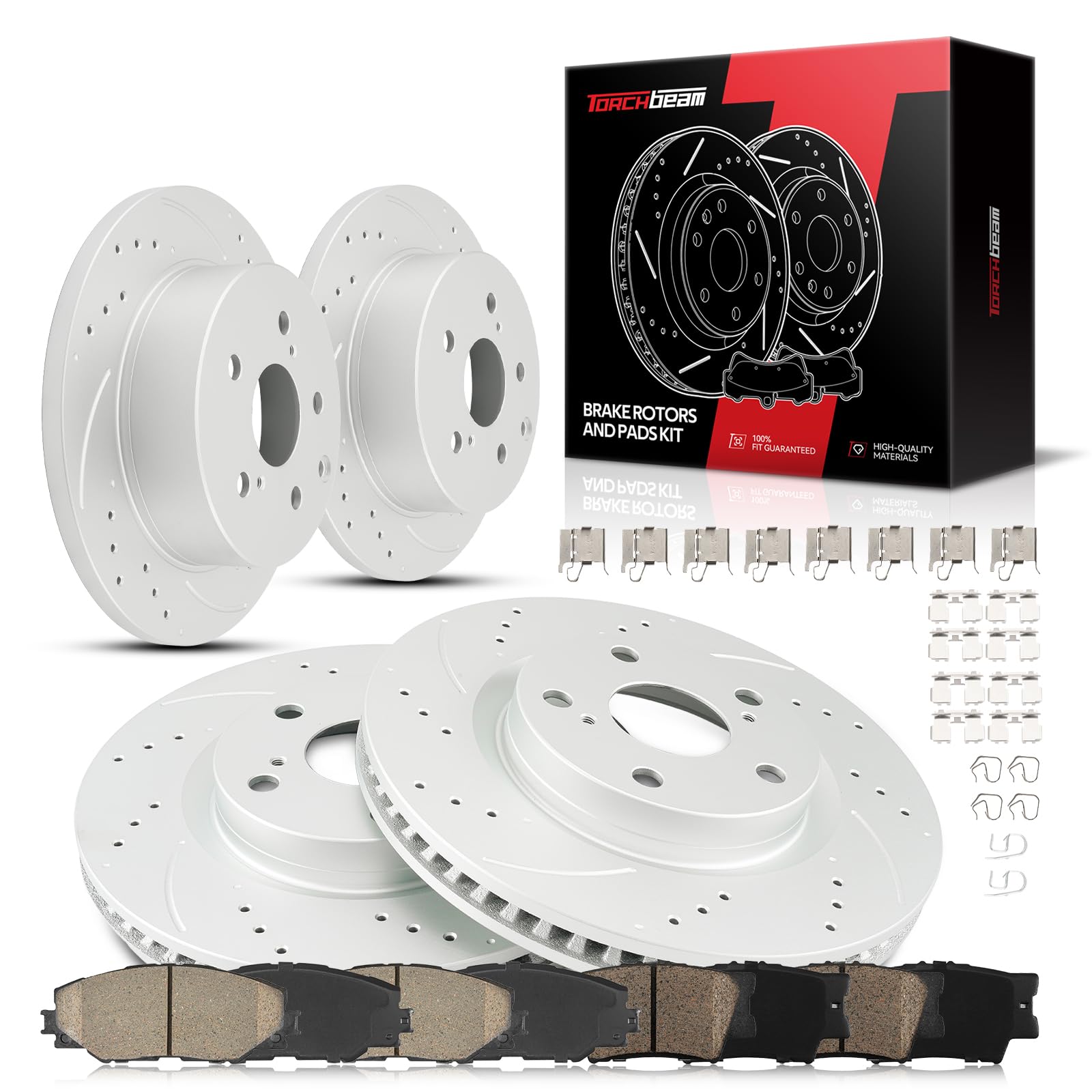 Torchbeam Front and Rear Brake Pad & Rotor Kit Brake Pads Brake Rotor Ceramic Compatible with Toyota RAV4 2009-2018 2.5L, Drilled Slotted 11.65'' inch(296mm) Front and 11.06'' inch(281mm) Rear Rotor