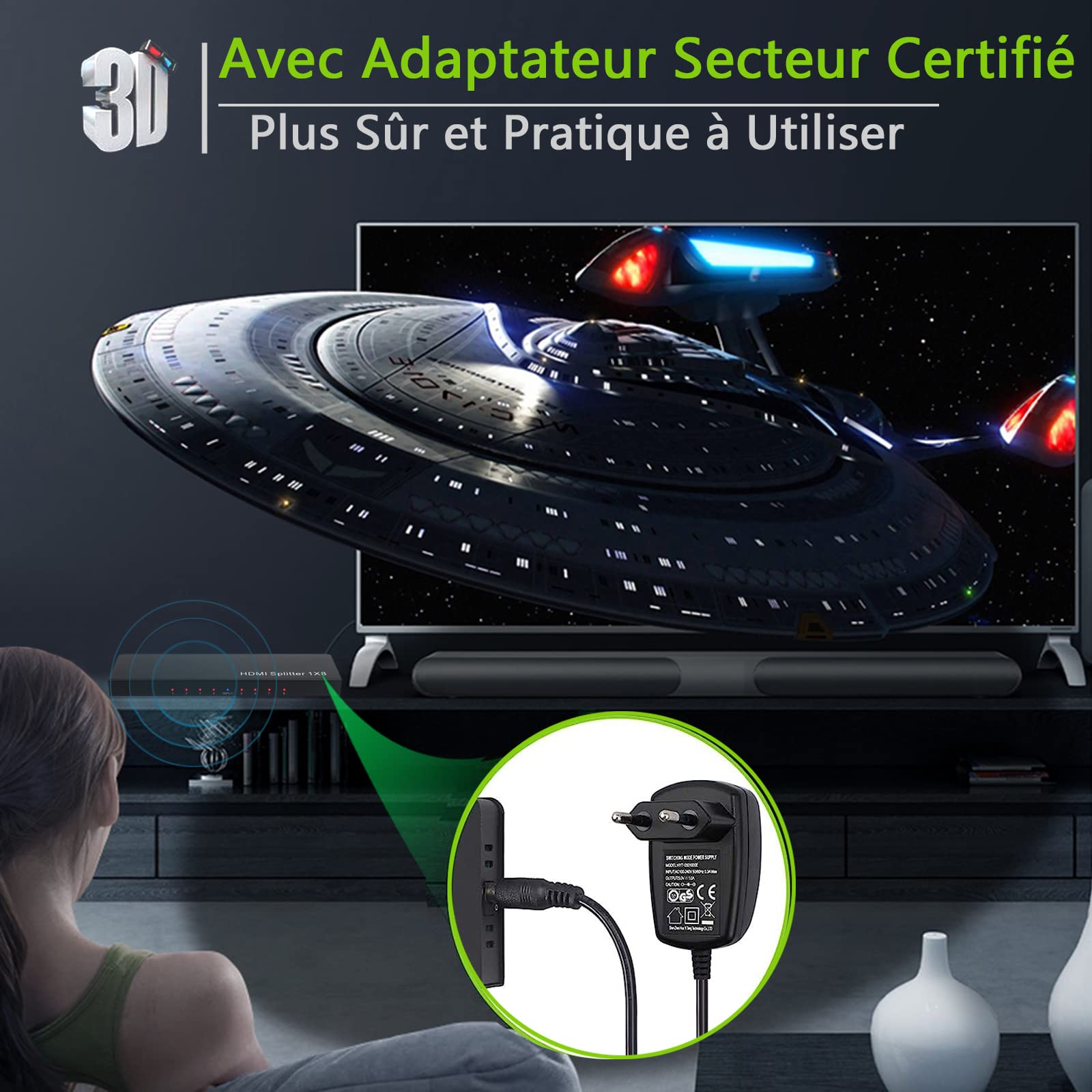 LiNKFOR 4K/1080P 30Hz/60Hz 3D HDMI Splitter Répartiteur 1 Entrée 8 Sorties avec Adaptateur Secteur Distributeur HDMI 1X8 Boîte de Ports UHD HDCP 1.2 pour Projecteur HDTV Lecteur PC Blu-Ray STB PS3