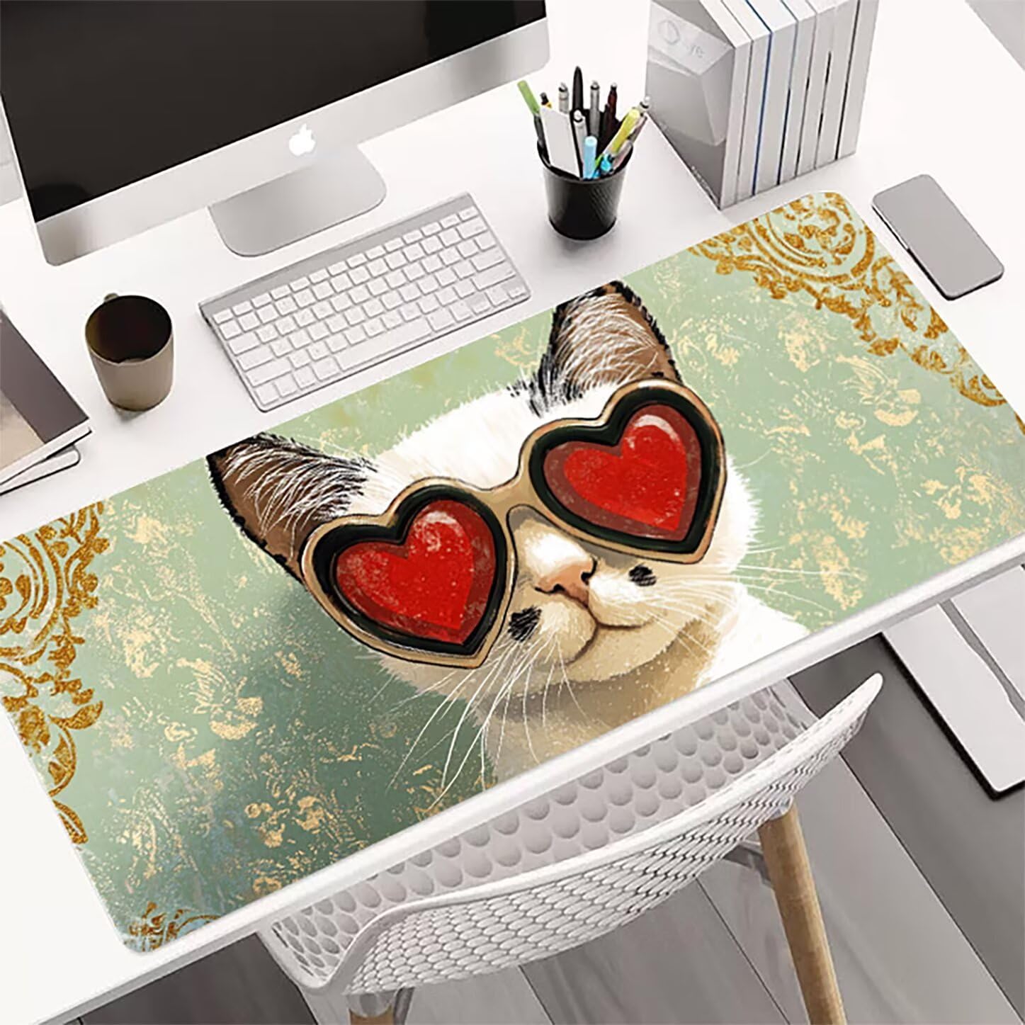 Lpfieonn Katze Großes Schreibtischunterlage, XXL Schreibtischunterlagen, Blau XXL Wasserdicht Gaming Mousepad mit Vernähter Rand und Rutschfeste Gummibasis, für Laptop/Hause/Büro 120x60cm PF-3551