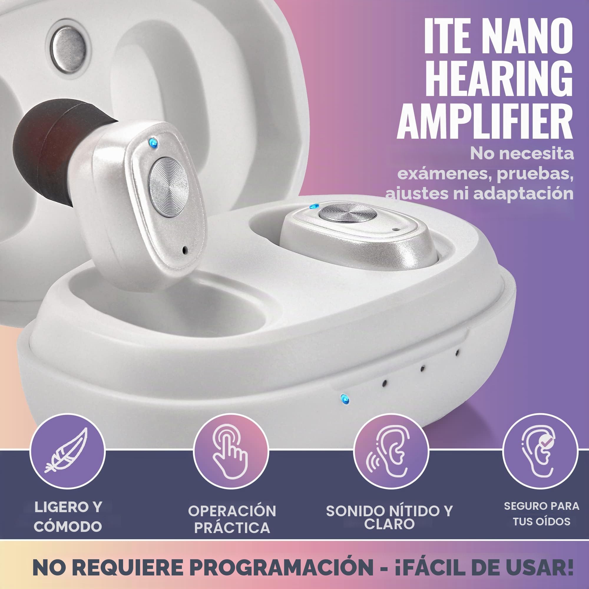 Par recargable con cancelación de ruido, dispositivo digital para personas mayores y adultos - ITC Nano Personal - Control de un toque y dispositivo de asistencia de baja distorsión, blanco