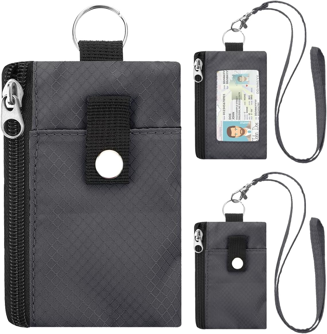 Minimalist RFID Blocking Wallet with Lanyard,Functional ID Case with 2 Zipper Pockets and Key Chain for Men and Women, Tactical Badge Pouch Cards Holder, Coin Purse for Travel Sports, J5-Gray, 5.12 x