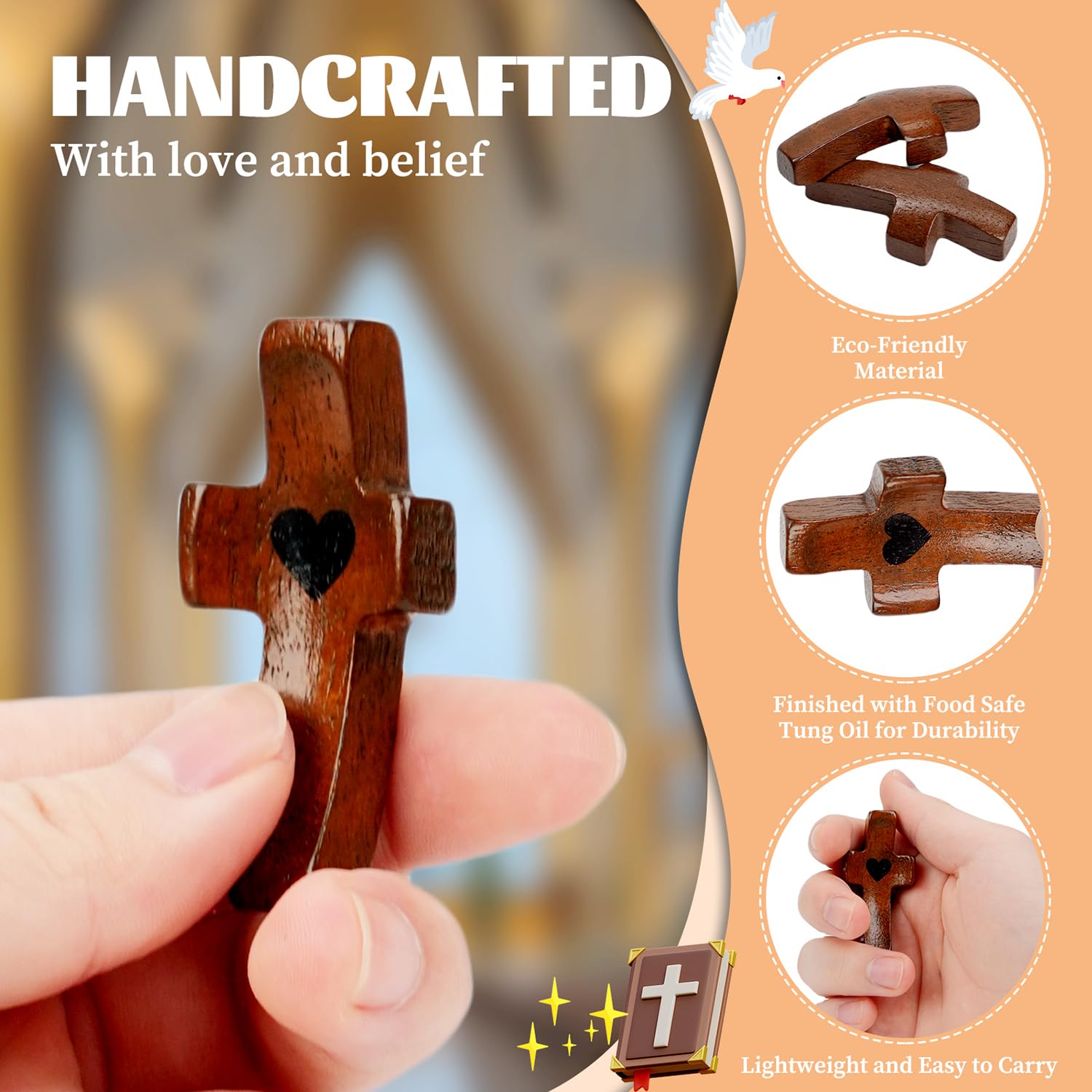 No.146フェザー with ヒノキチップチャーム‪·̩͙꒰ঌ Amazon.com: 5pcs Handheld Wooden Thumb Cross with My Heart