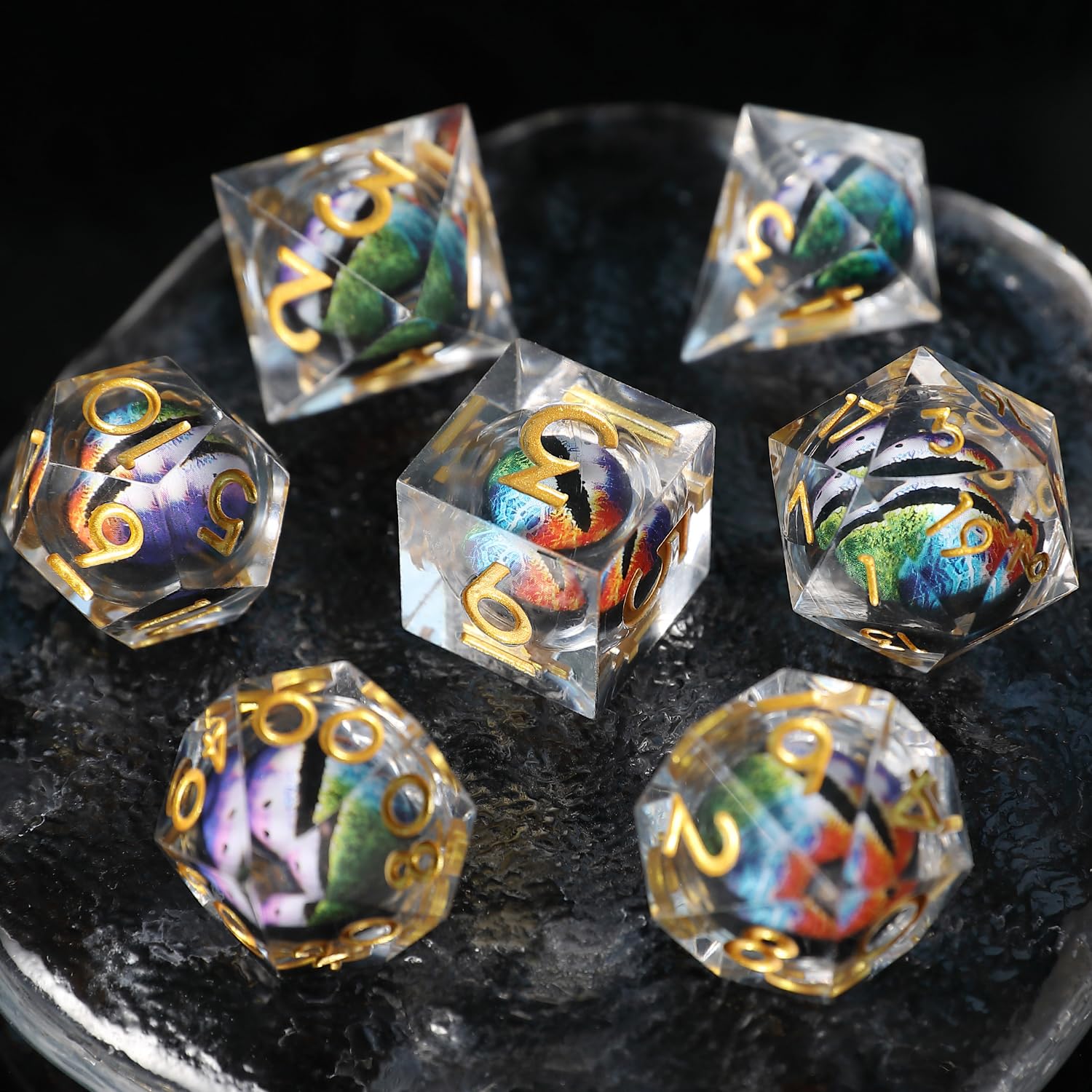 DND Dice Set Floating Pupil Skull Eyeball 7 Piece Handmade Polyhedral D&D Resin Sharp Edge Dice for Dungeons and Dragons RPG Role Playing Antique Halloween Dice with Gift Box - Image 2