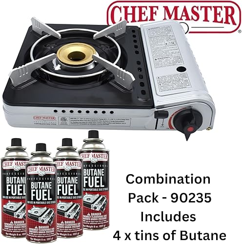 Miniatura 2 de Chef Master Paquete combinado de estufa de butano 90235  Incluye 4 latas de combustible de butano de 8 onzas  12,000 BTU  Portátil, con funda de