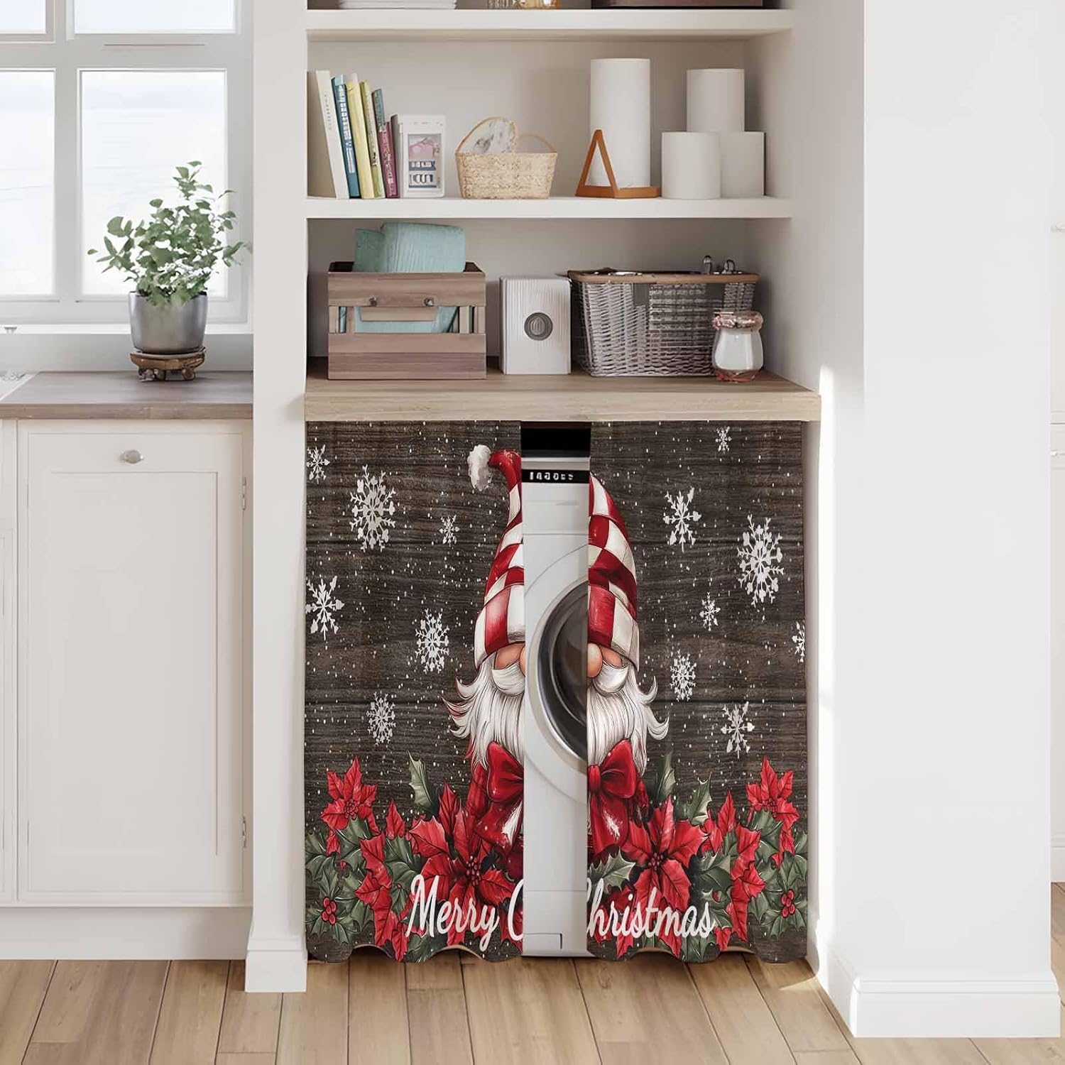 Vintage Gnomes Christmas Kitchen Tier Curtains 45 Inch Long 2 Panel Set,Rod Pocket Short Window Treatment,Snowflake Xmas Poinsettia Curtains & Drapes for Bathroom Basement 27.5"W x 45"L